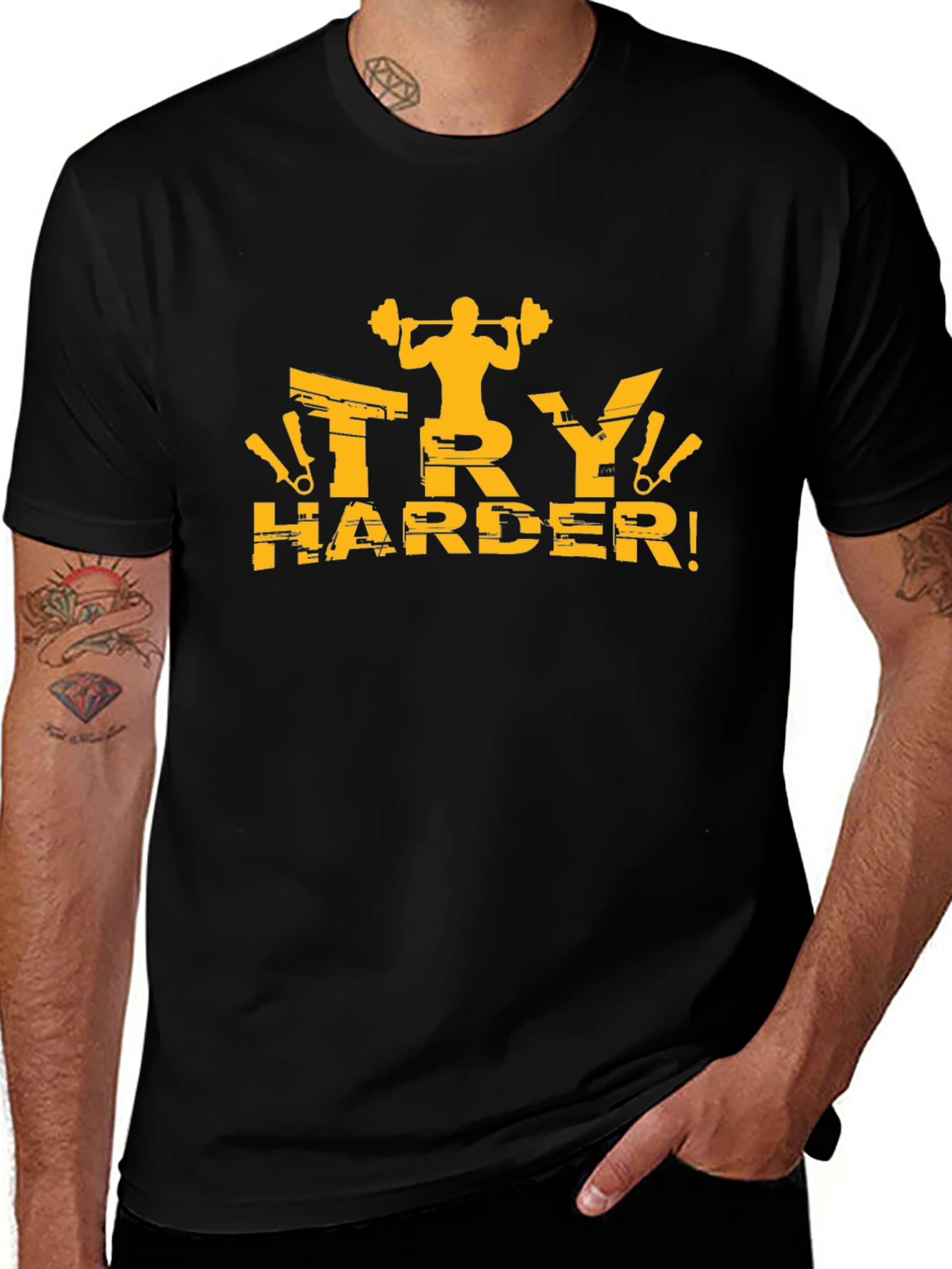 Mens Black Try Harder Graphic T-Shirt