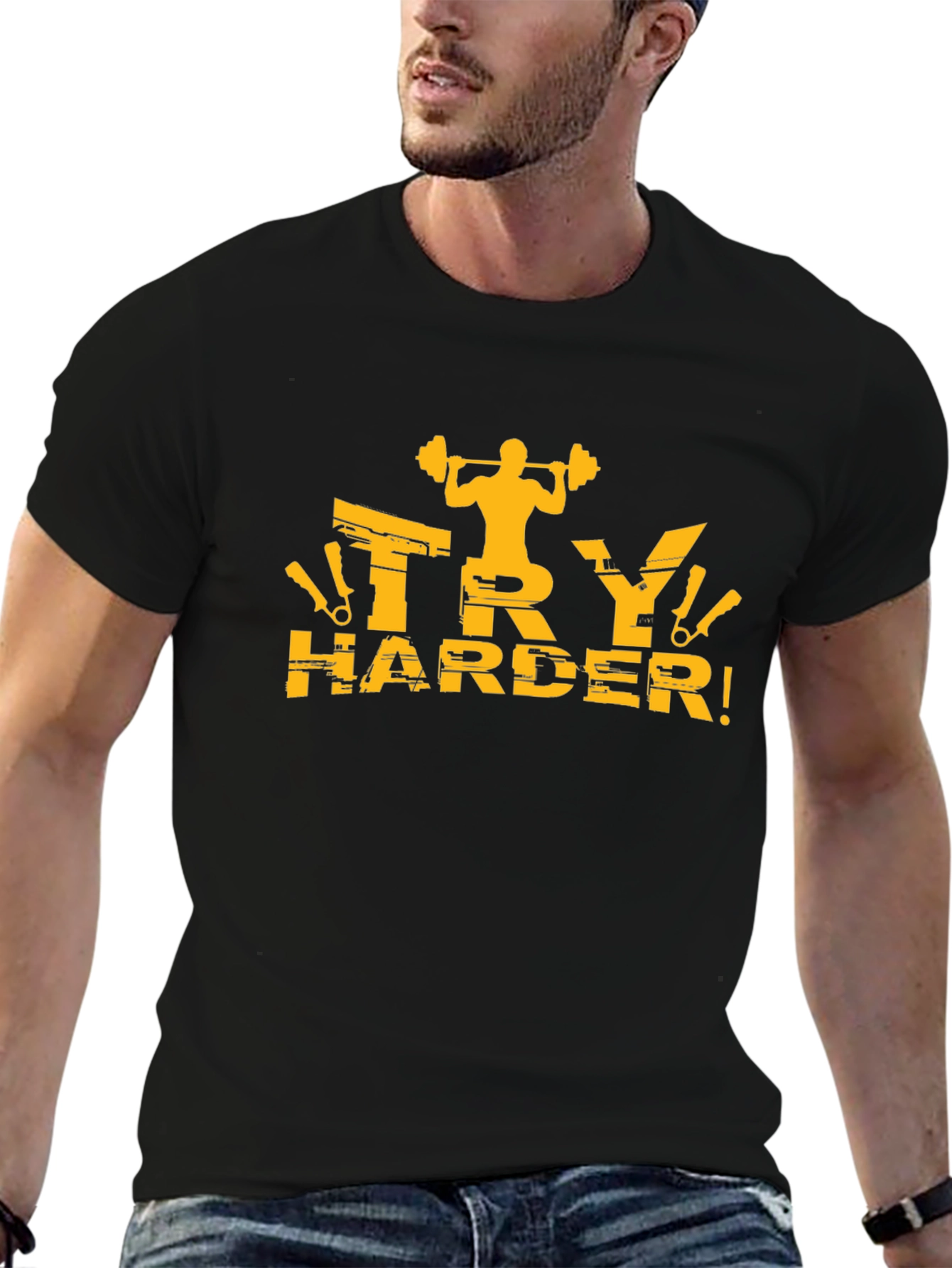 Mens Black Try Harder Graphic T-Shirt