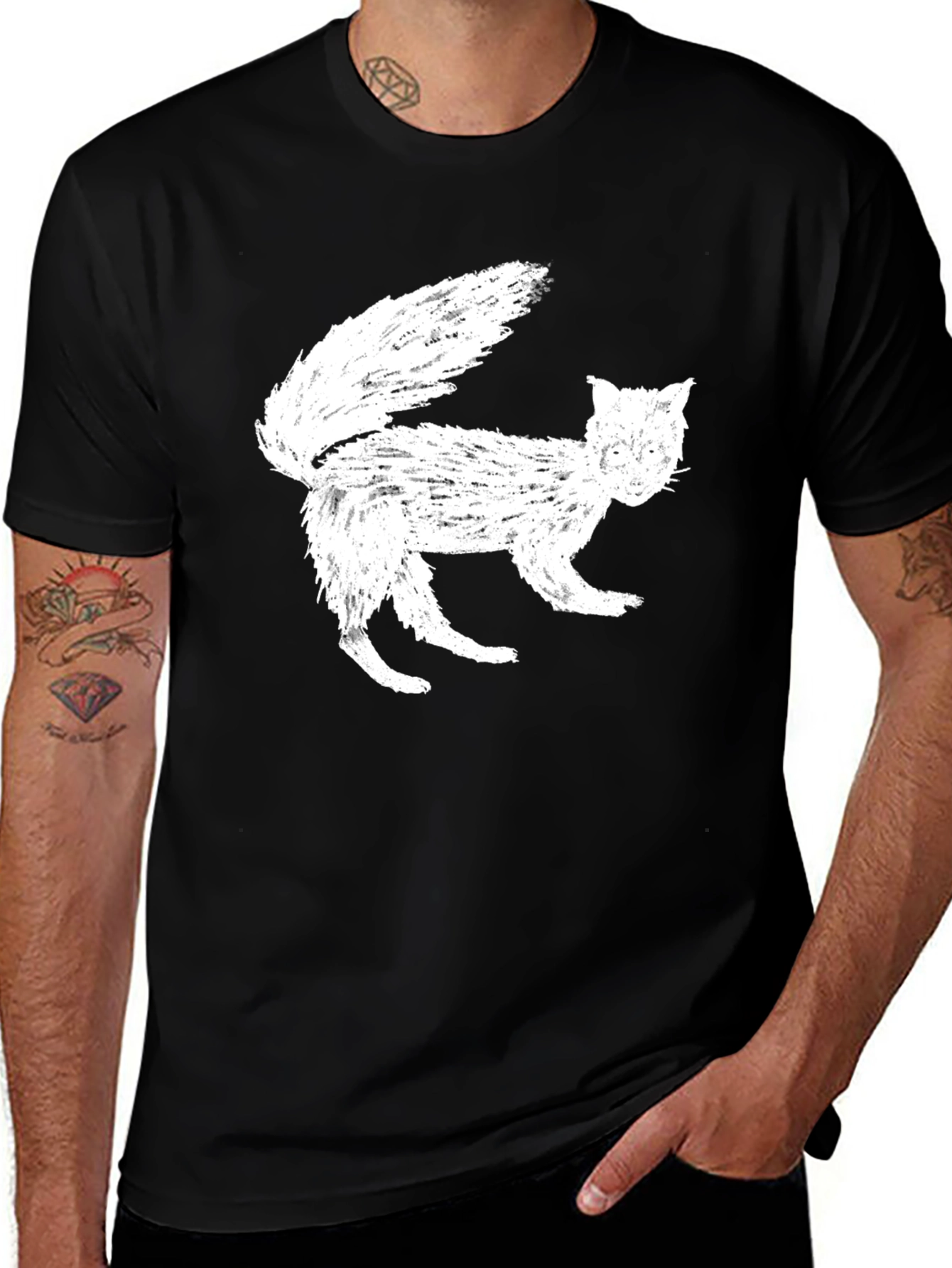 White Cat Graphic Print Black T-Shirt