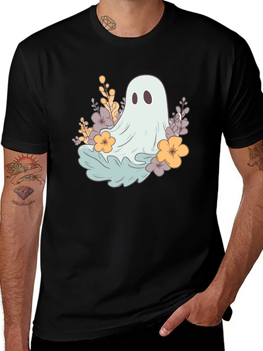 Ghost & Floral Graphic Tee - Black Cotton Comfort