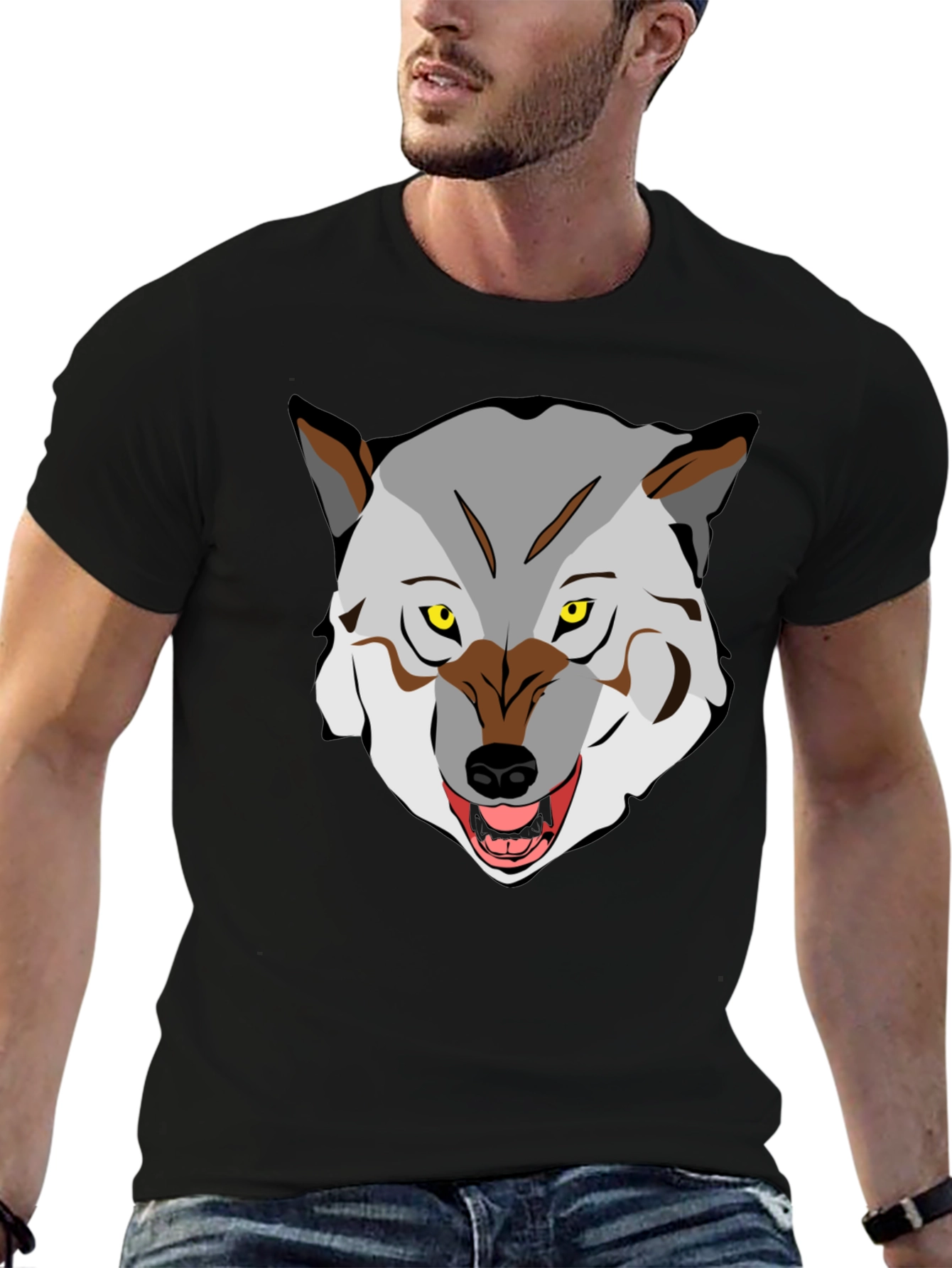 Mens Graphic T-Shirt - Wolf Face Print Black