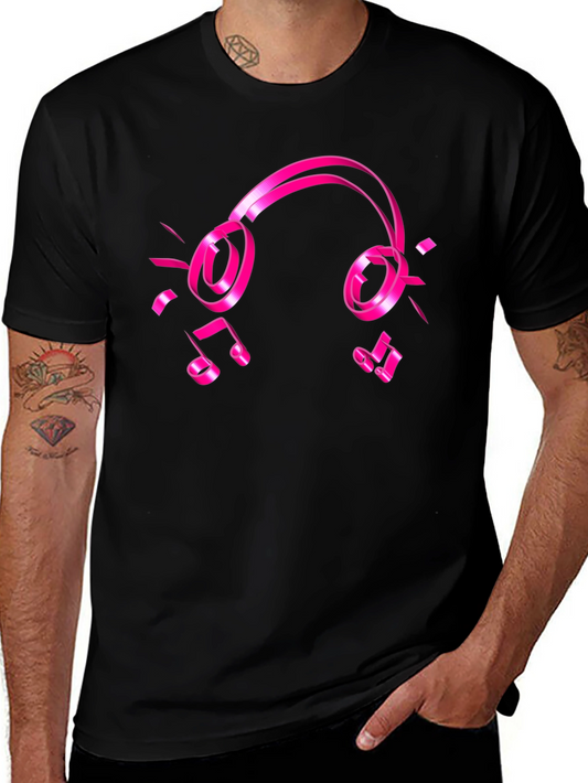 Black Tee with Pink Headphones and Music Notes Graphic