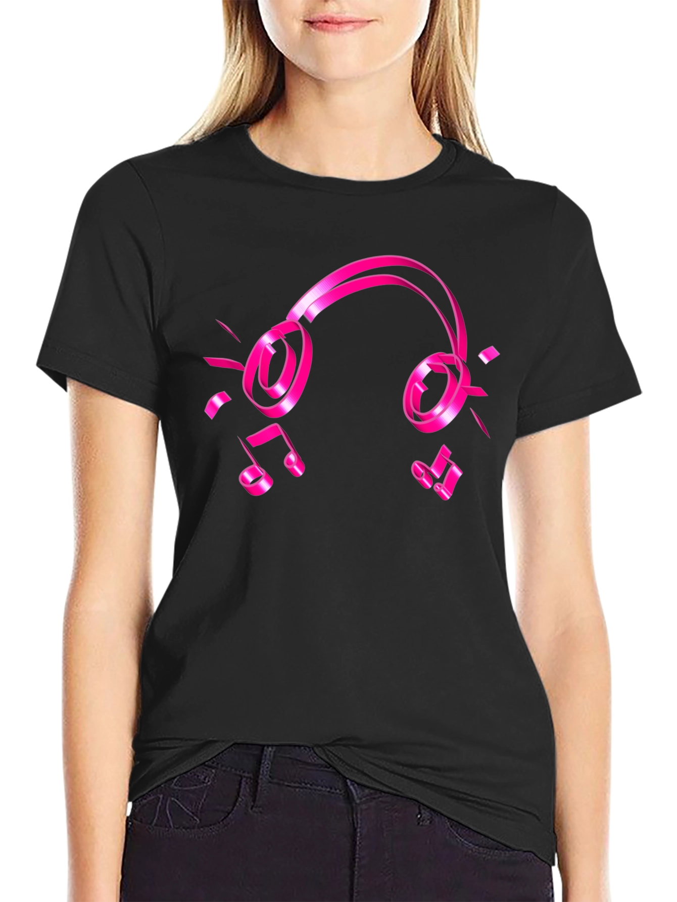 Black Tee with Pink Headphones and Music Notes Graphic