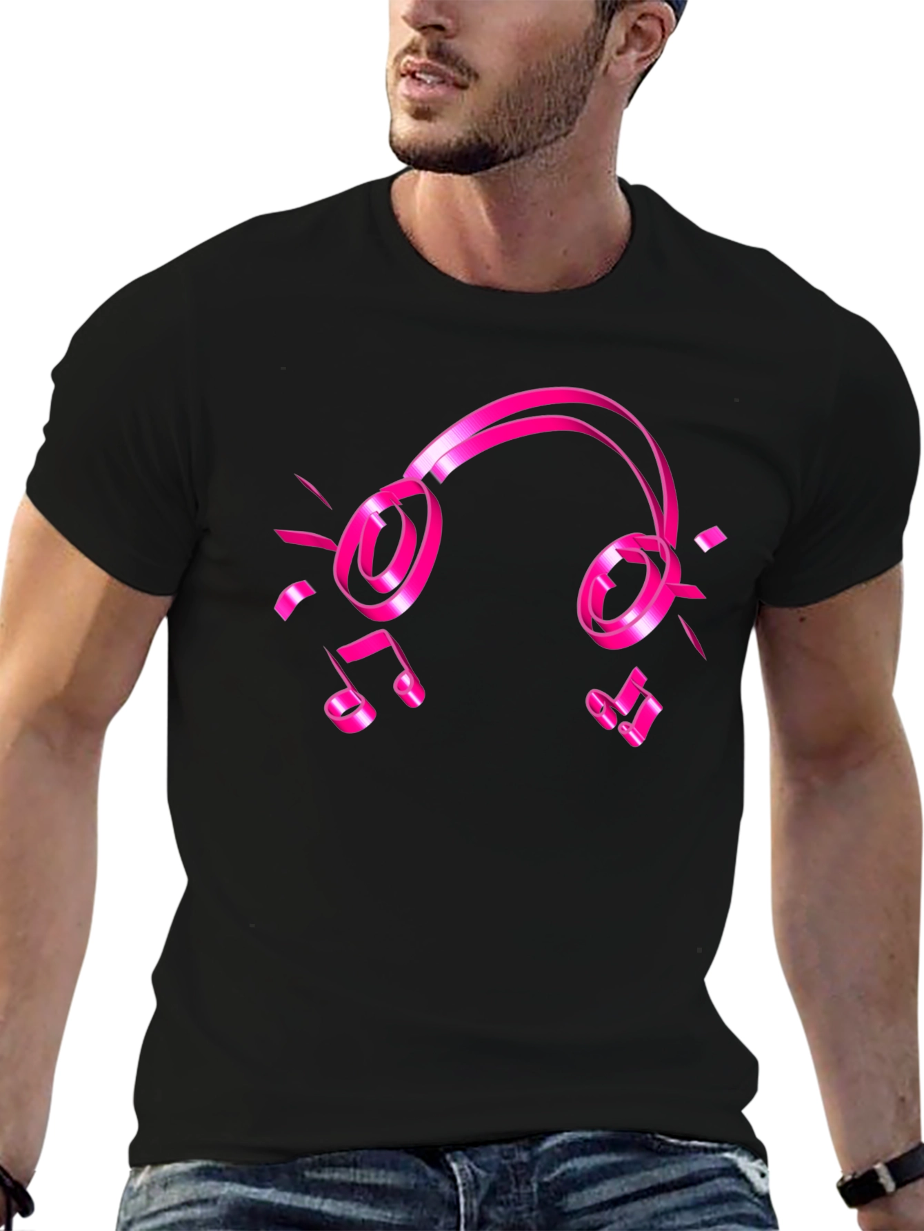 Black Tee with Pink Headphones and Music Notes Graphic