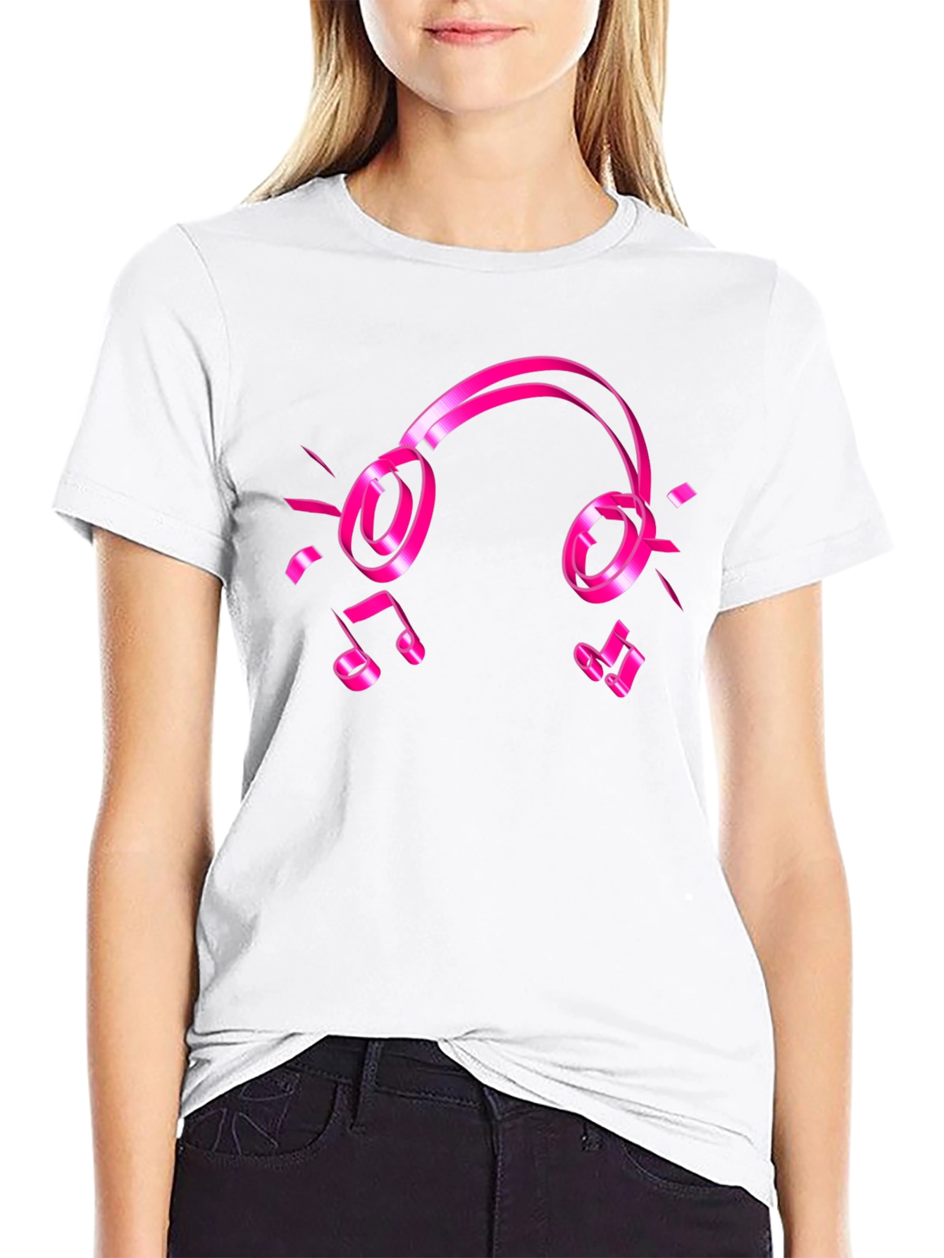 Black Tee with Pink Headphones and Music Notes Graphic