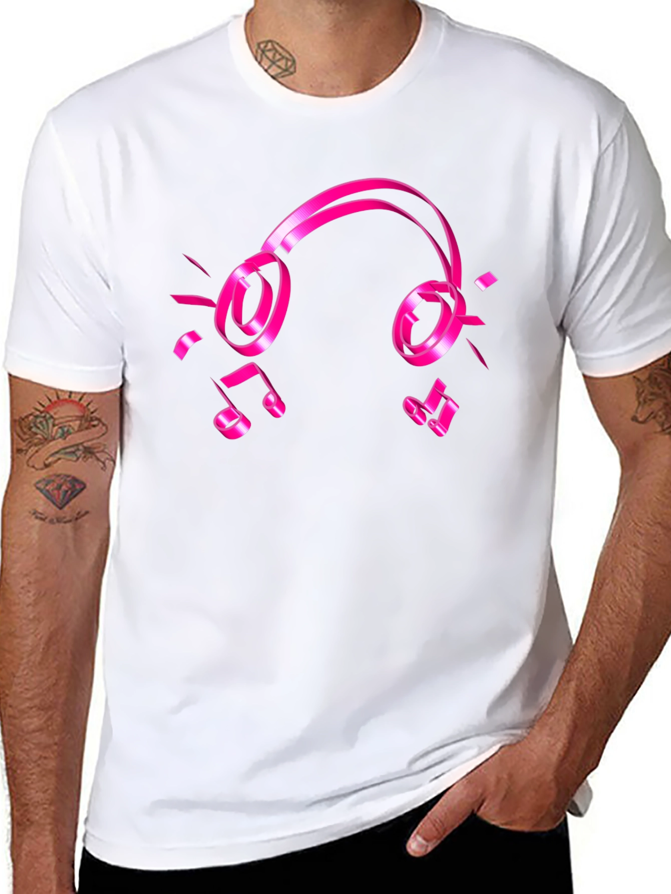 Black Tee with Pink Headphones and Music Notes Graphic