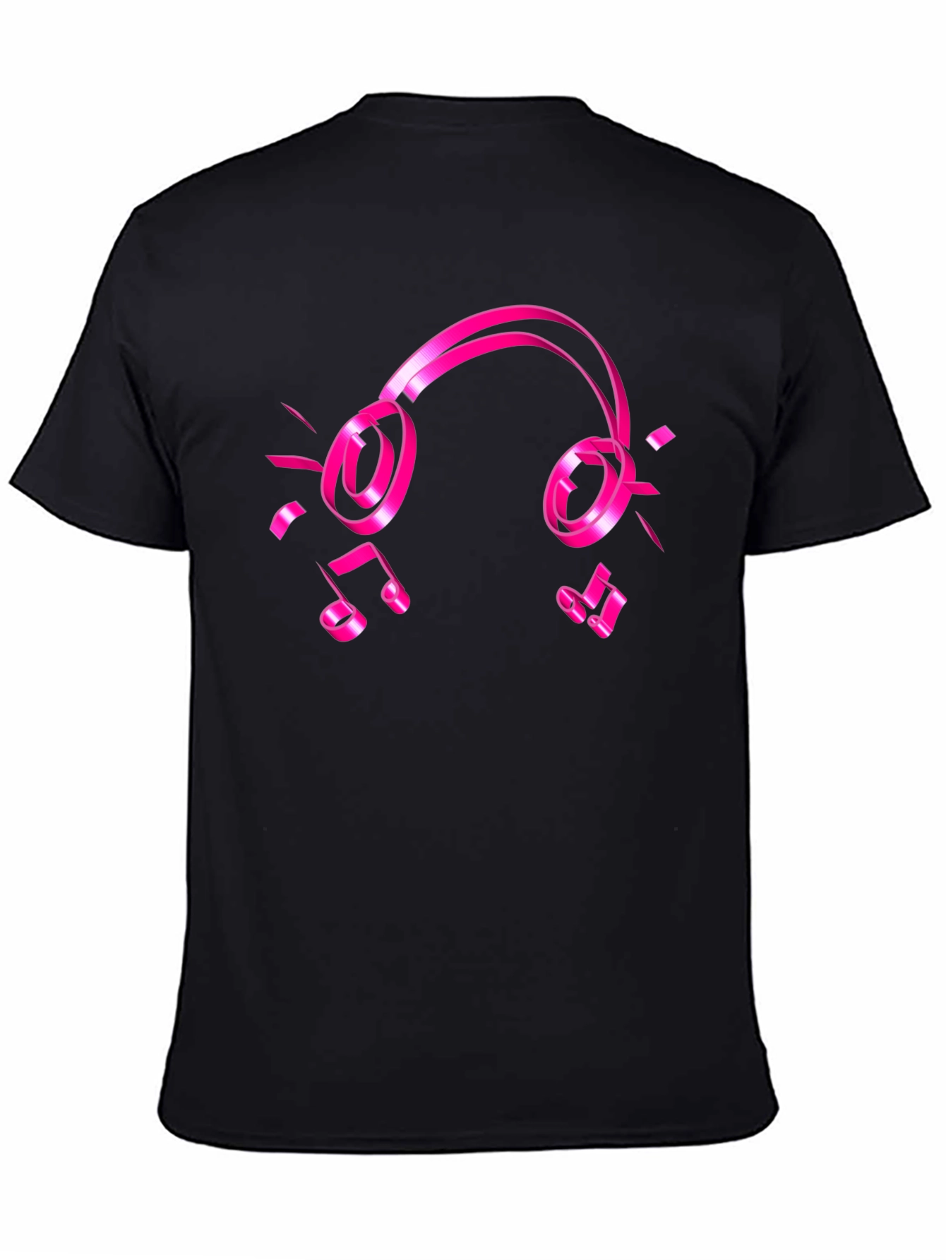 Black Tee with Pink Headphones and Music Notes Graphic