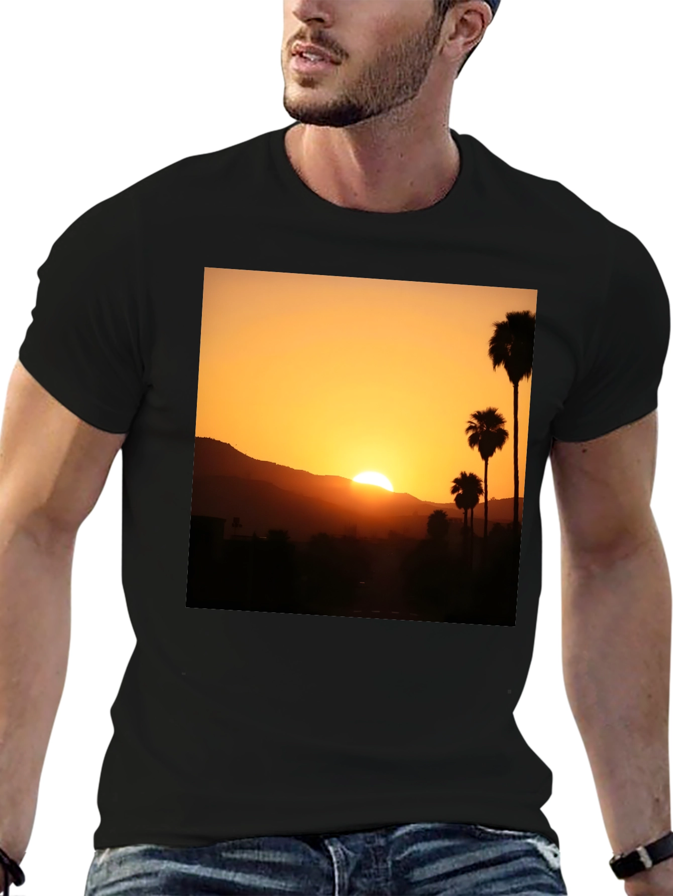 Sunset Palm Tree Graphic T-Shirt - Stylish Black Tee