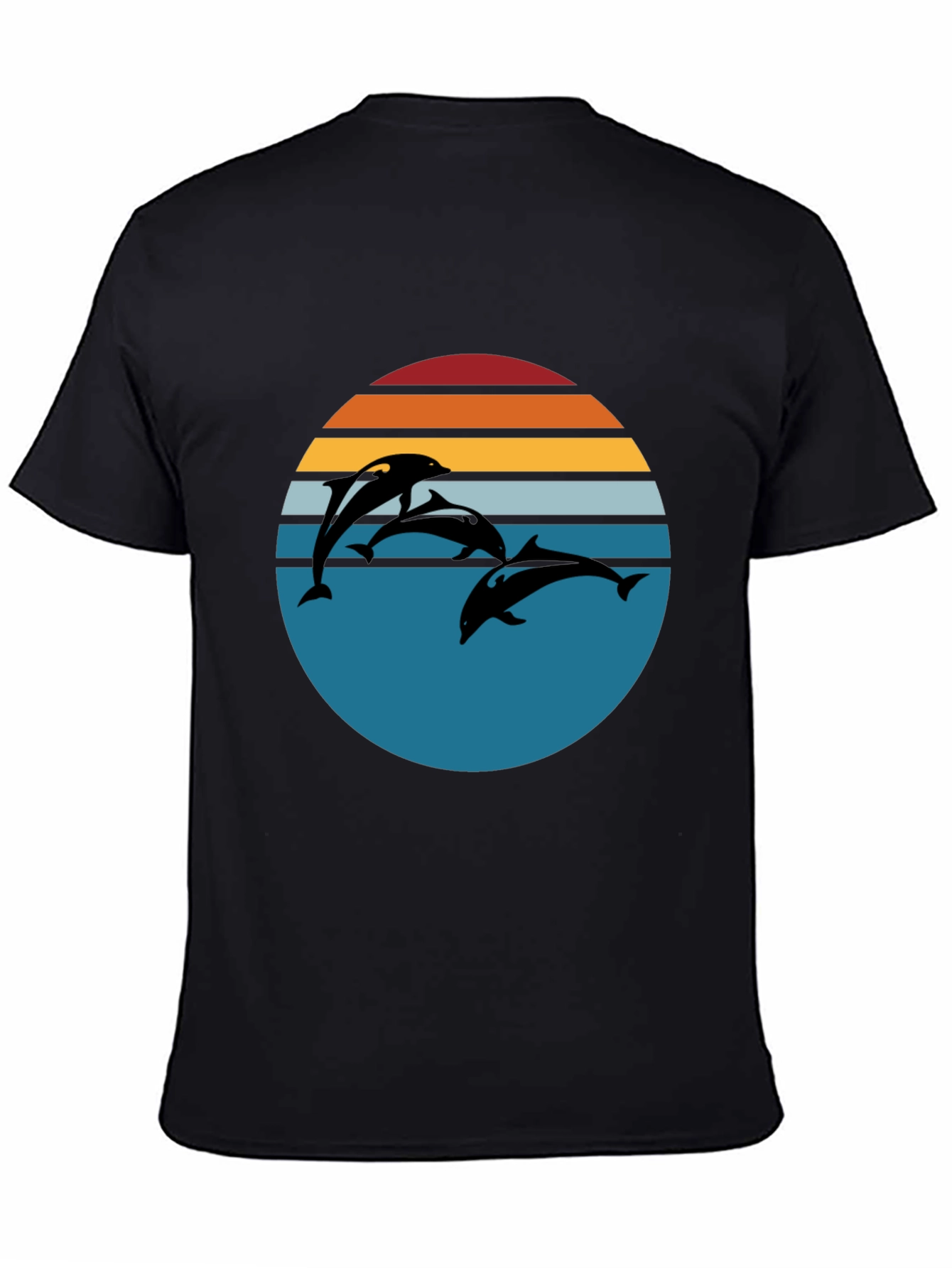 Dolphin Sunset Graphic Tee - Retro Style Black T-Shirt
