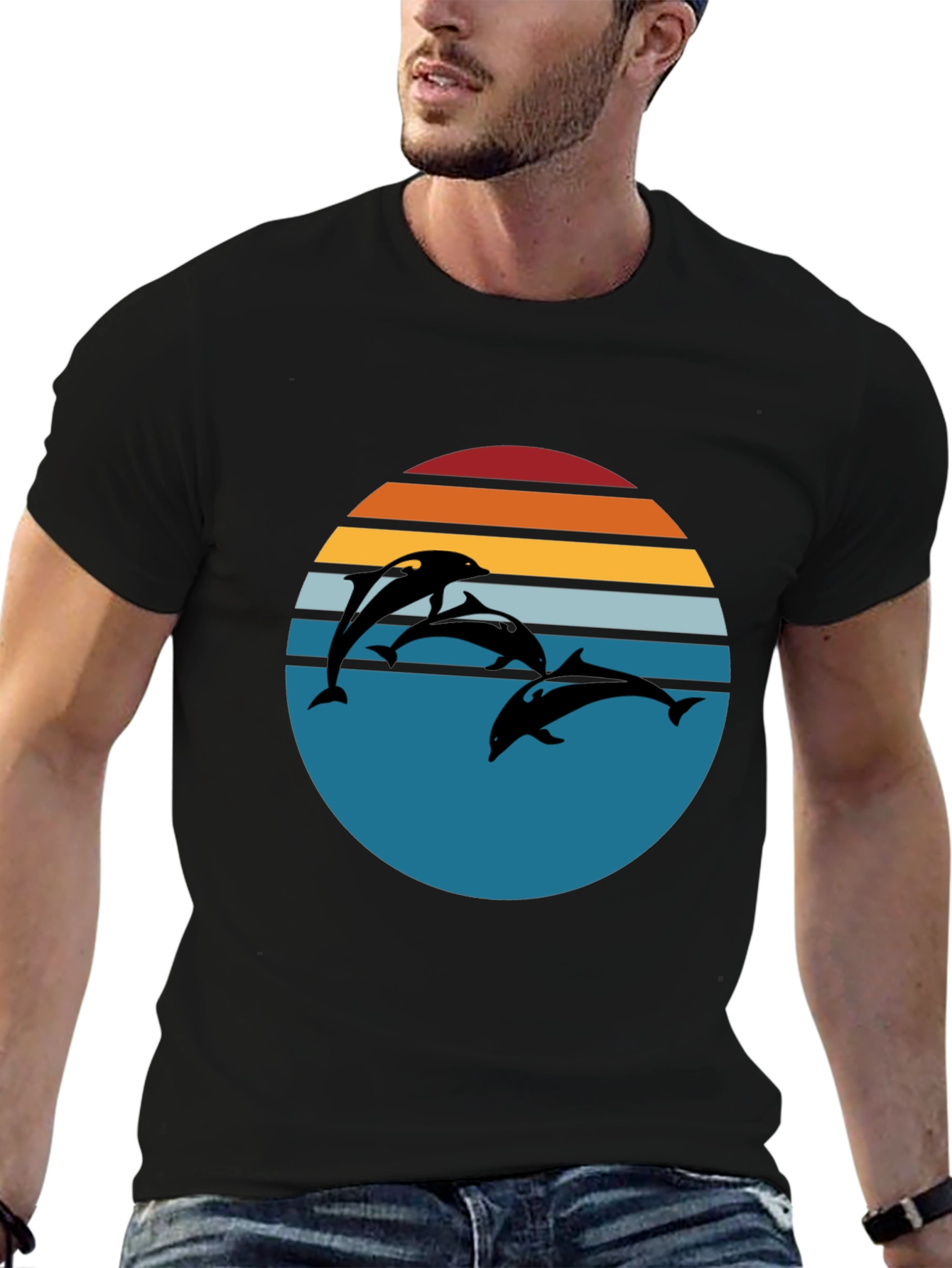 Dolphin Sunset Graphic Tee - Retro Style Black T-Shirt
