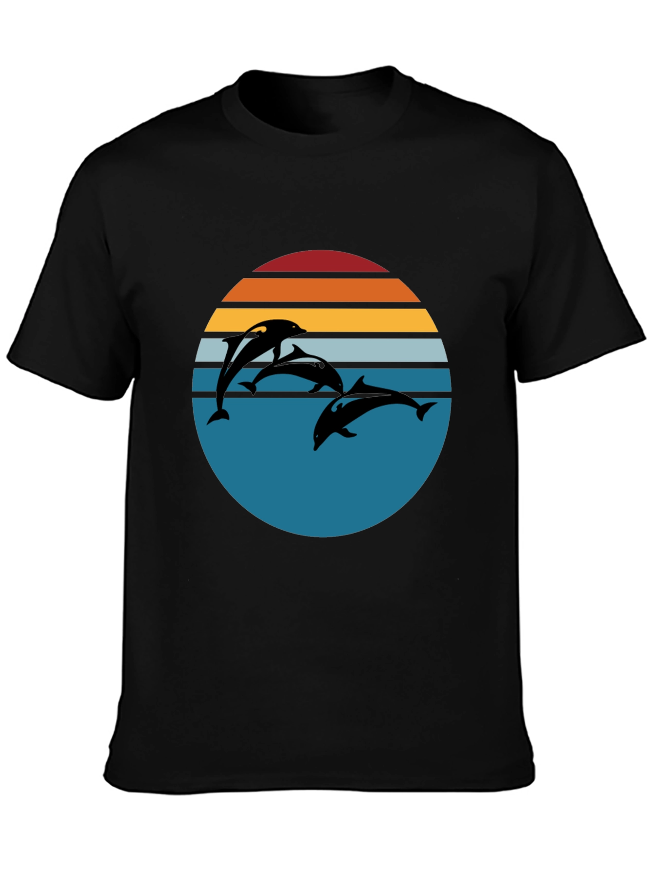 Dolphin Sunset Graphic Tee - Retro Style Black T-Shirt