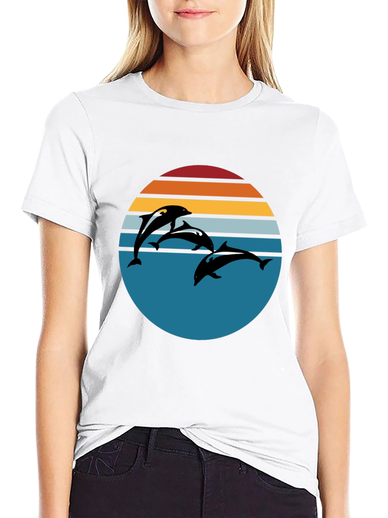 Dolphin Sunset Graphic Tee - Retro Style Black T-Shirt