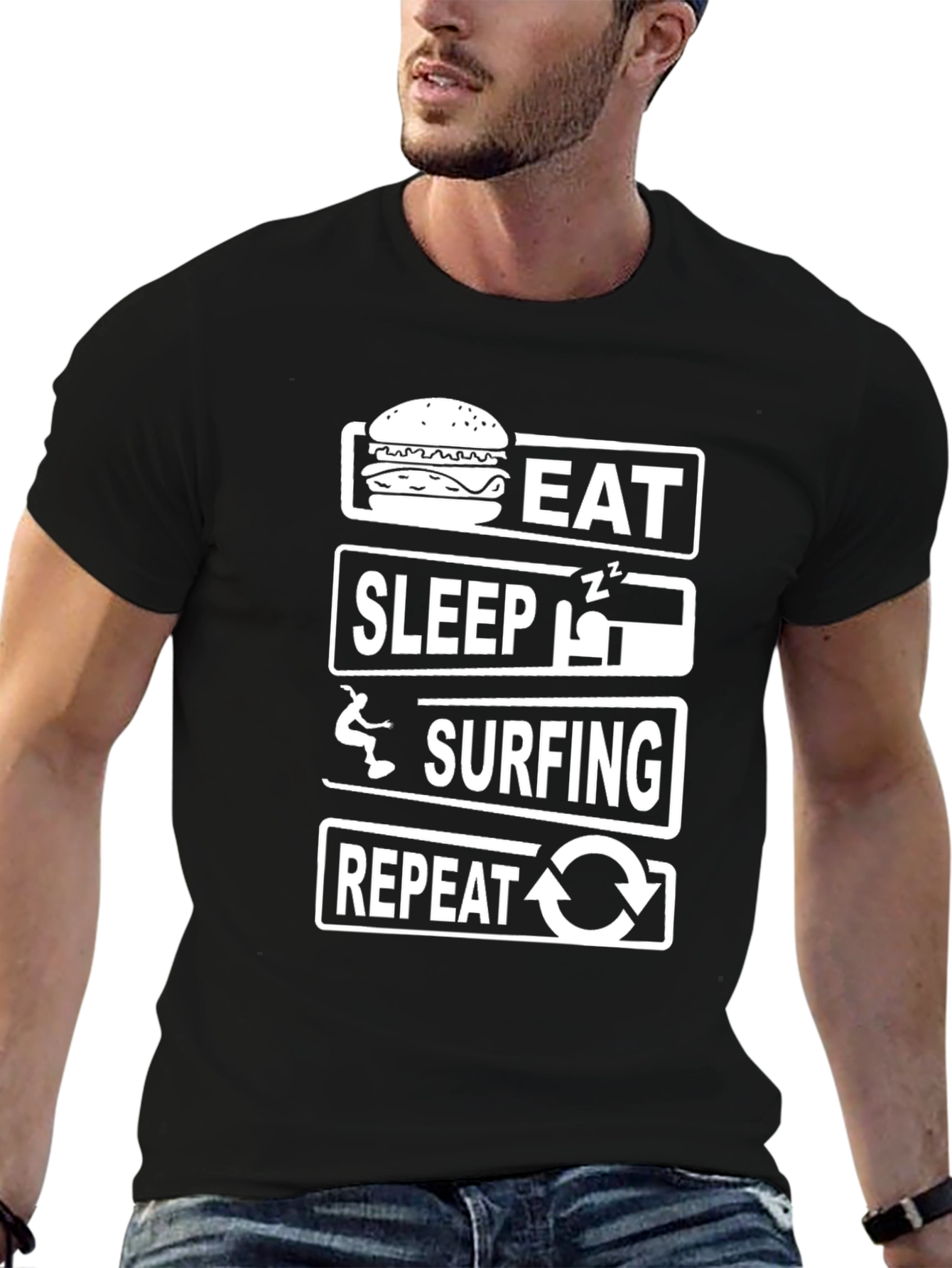Eat Sleep Surfing Repeat Black T-Shirt