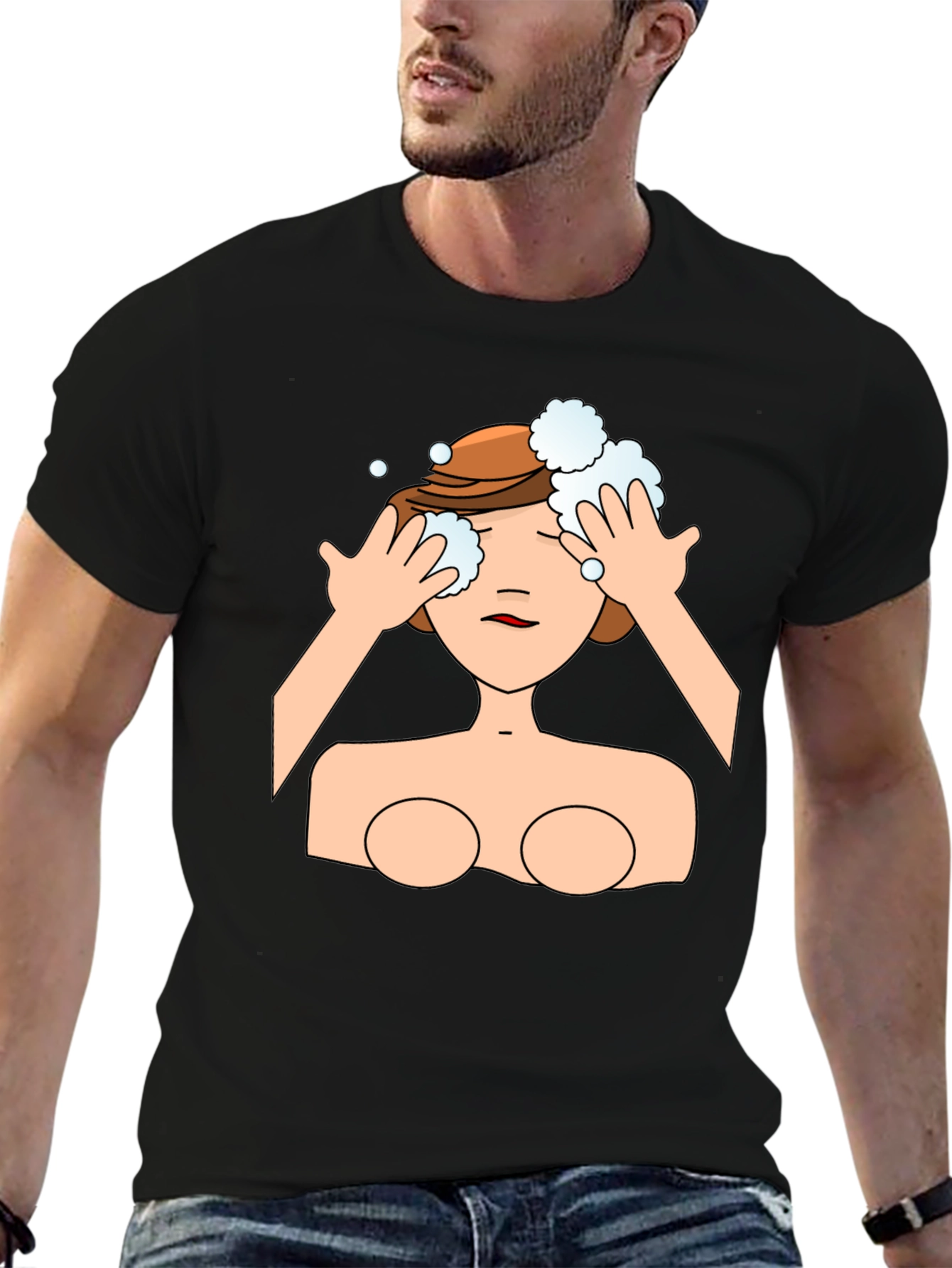 Cartoon Woman Washing Face Black T-Shirt