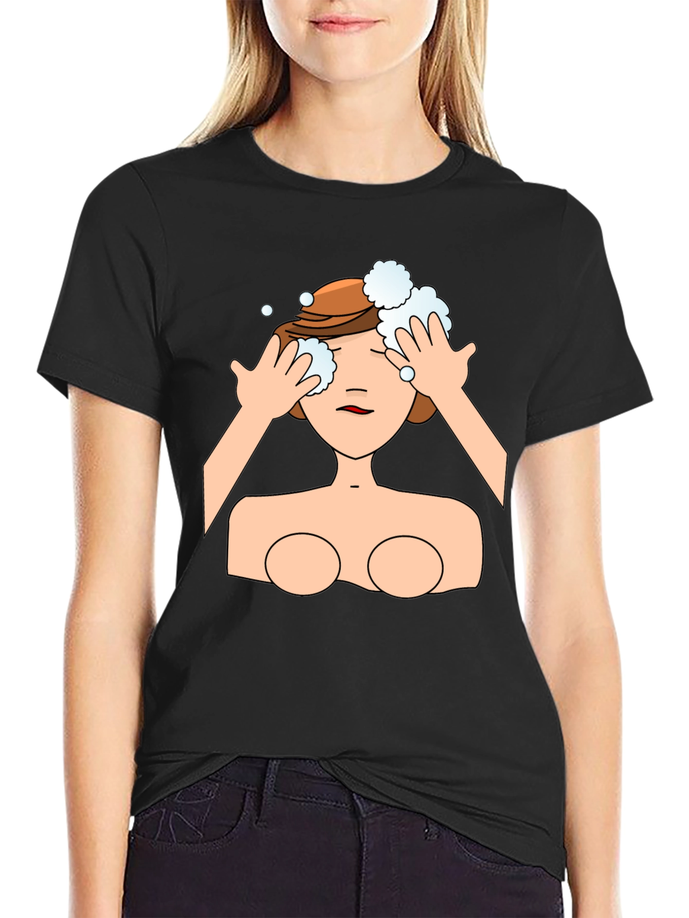Cartoon Woman Washing Face Black T-Shirt