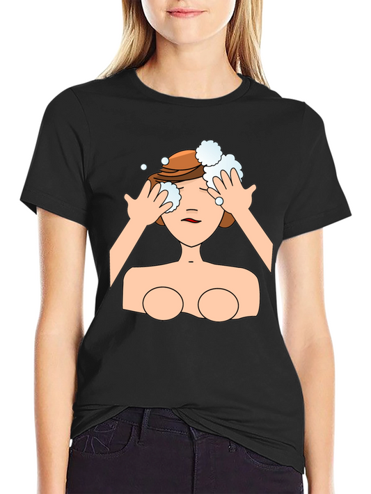 Cartoon Woman Washing Face Black T-Shirt