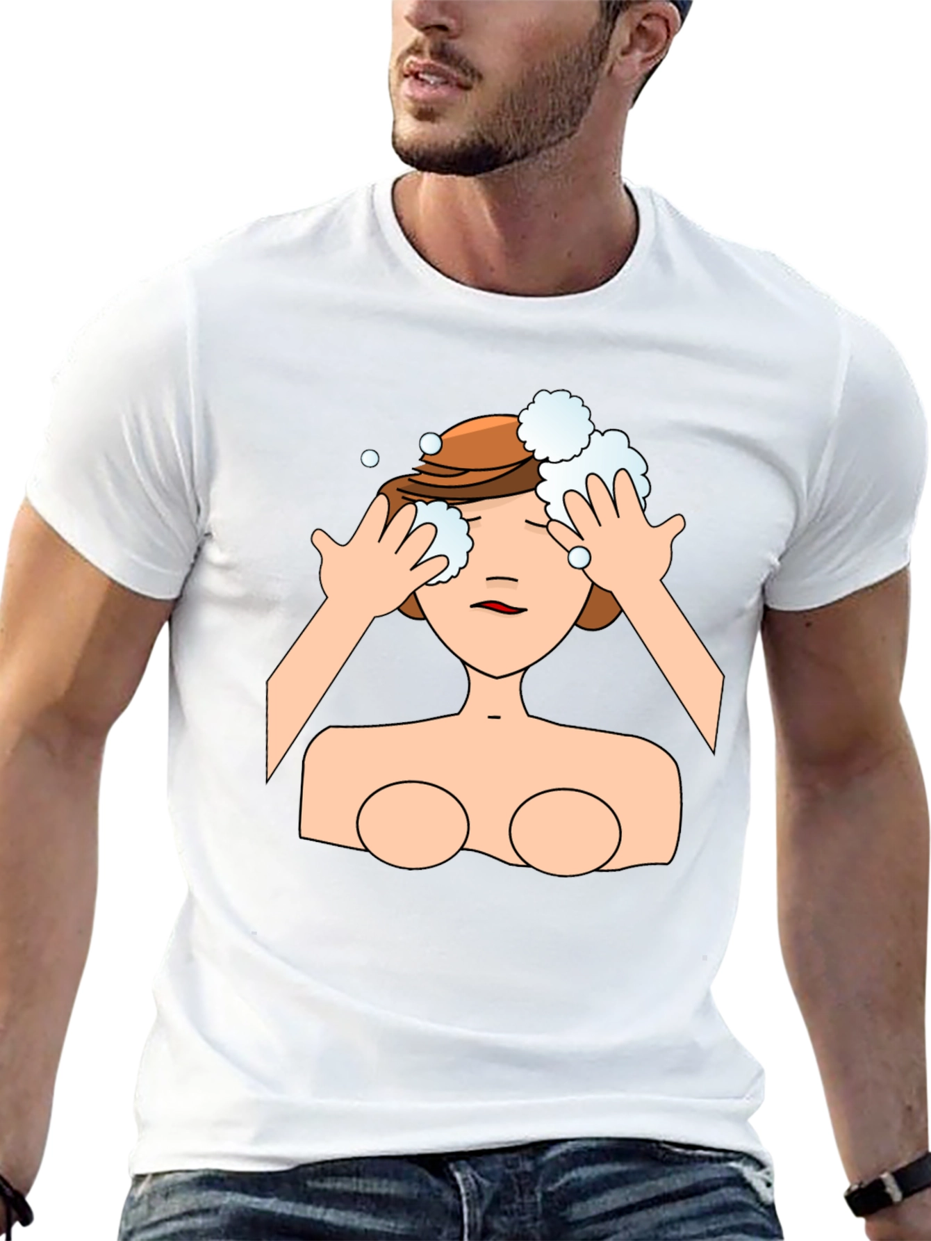 Cartoon Woman Washing Face Black T-Shirt