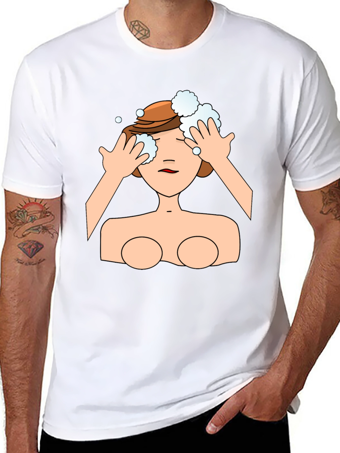 Cartoon Woman Washing Face Black T-Shirt
