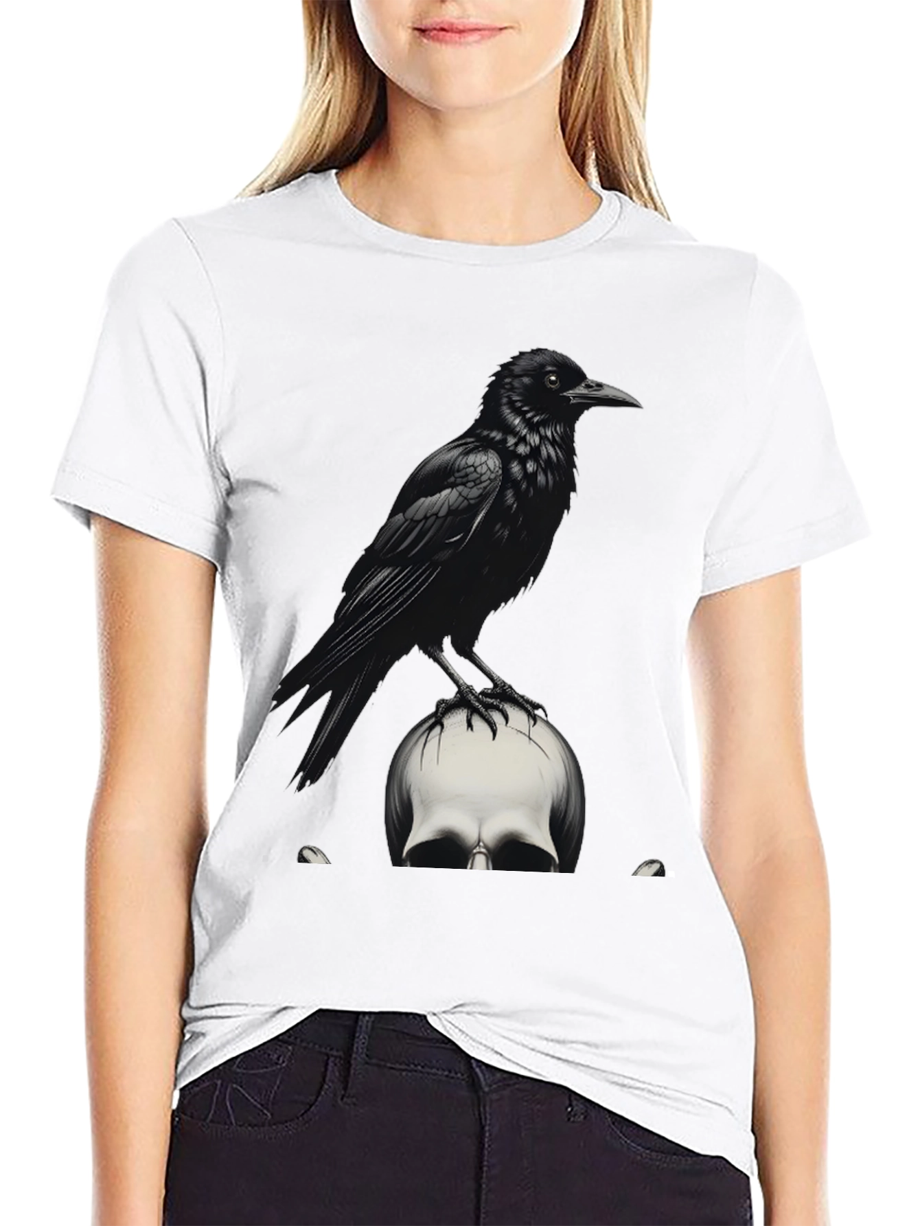 Raven on Skull Graphic Tee - Dark Gothic Style