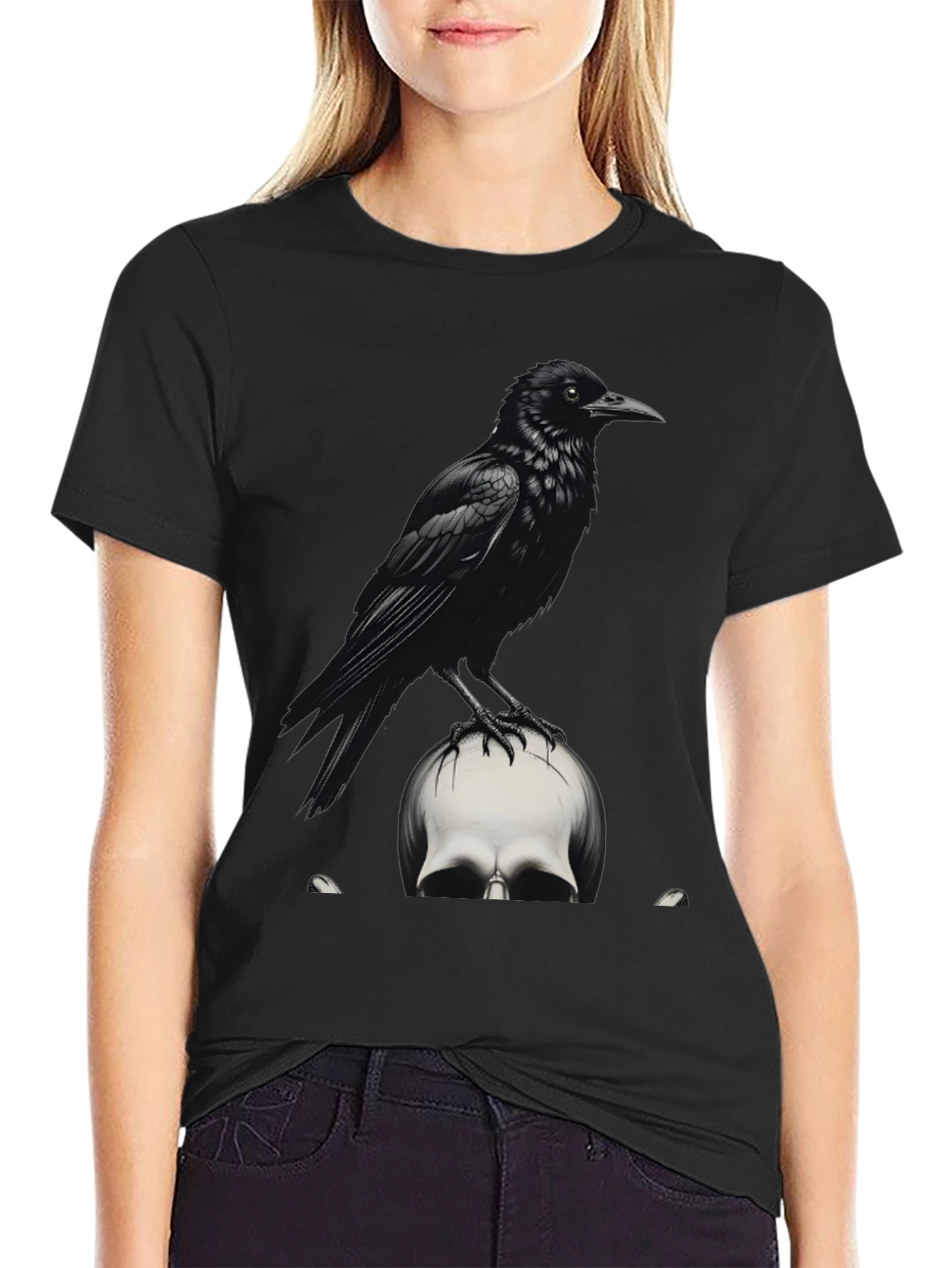Raven on Skull Graphic Tee - Dark Gothic Style
