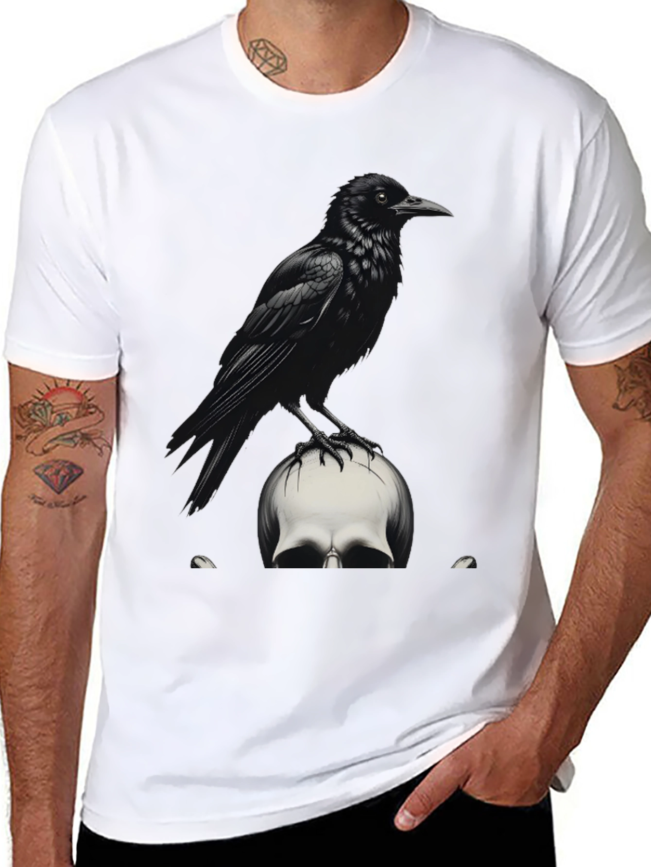 Raven on Skull Graphic Tee - Dark Gothic Style