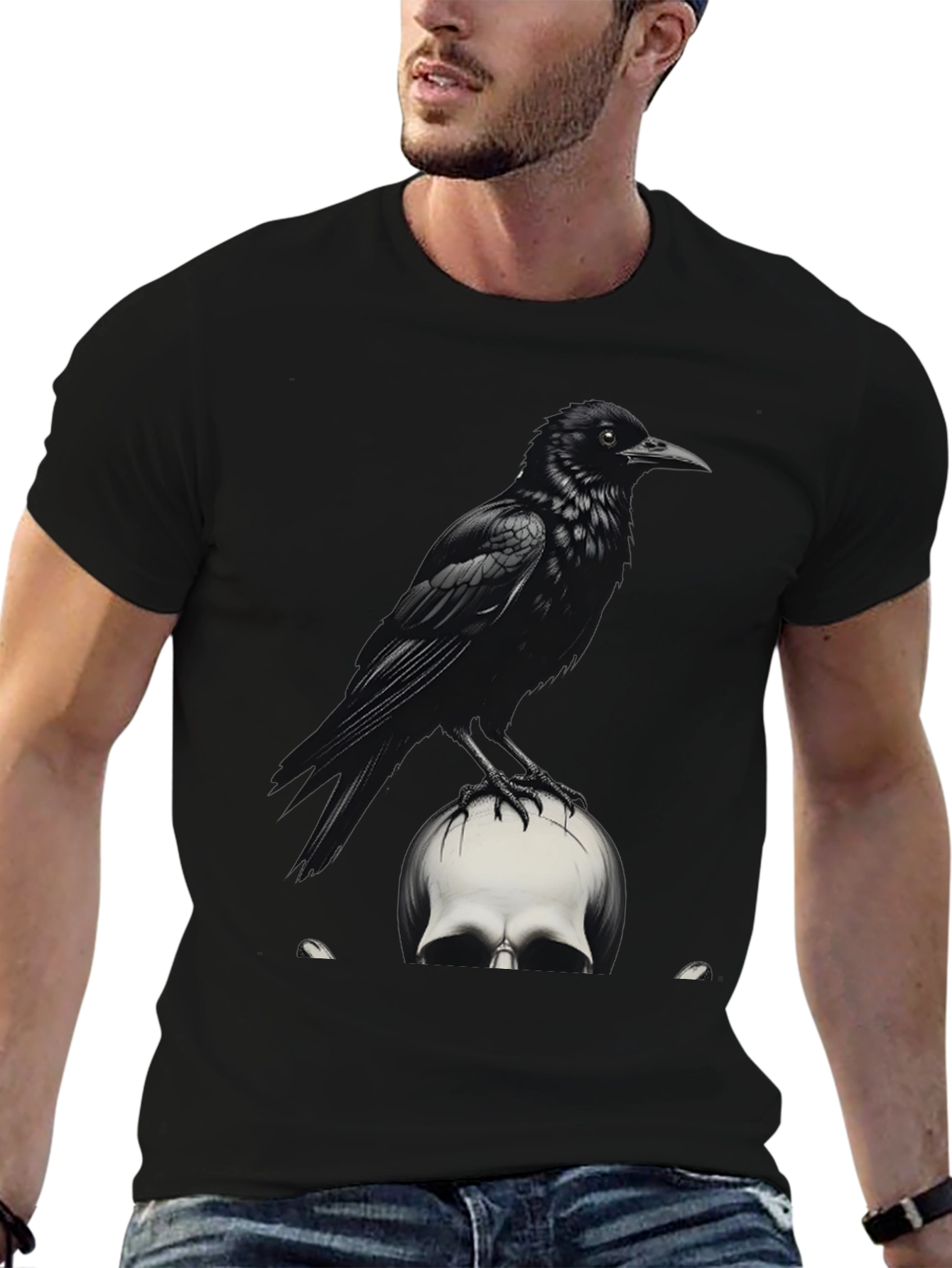 Raven on Skull Graphic Tee - Dark Gothic Style