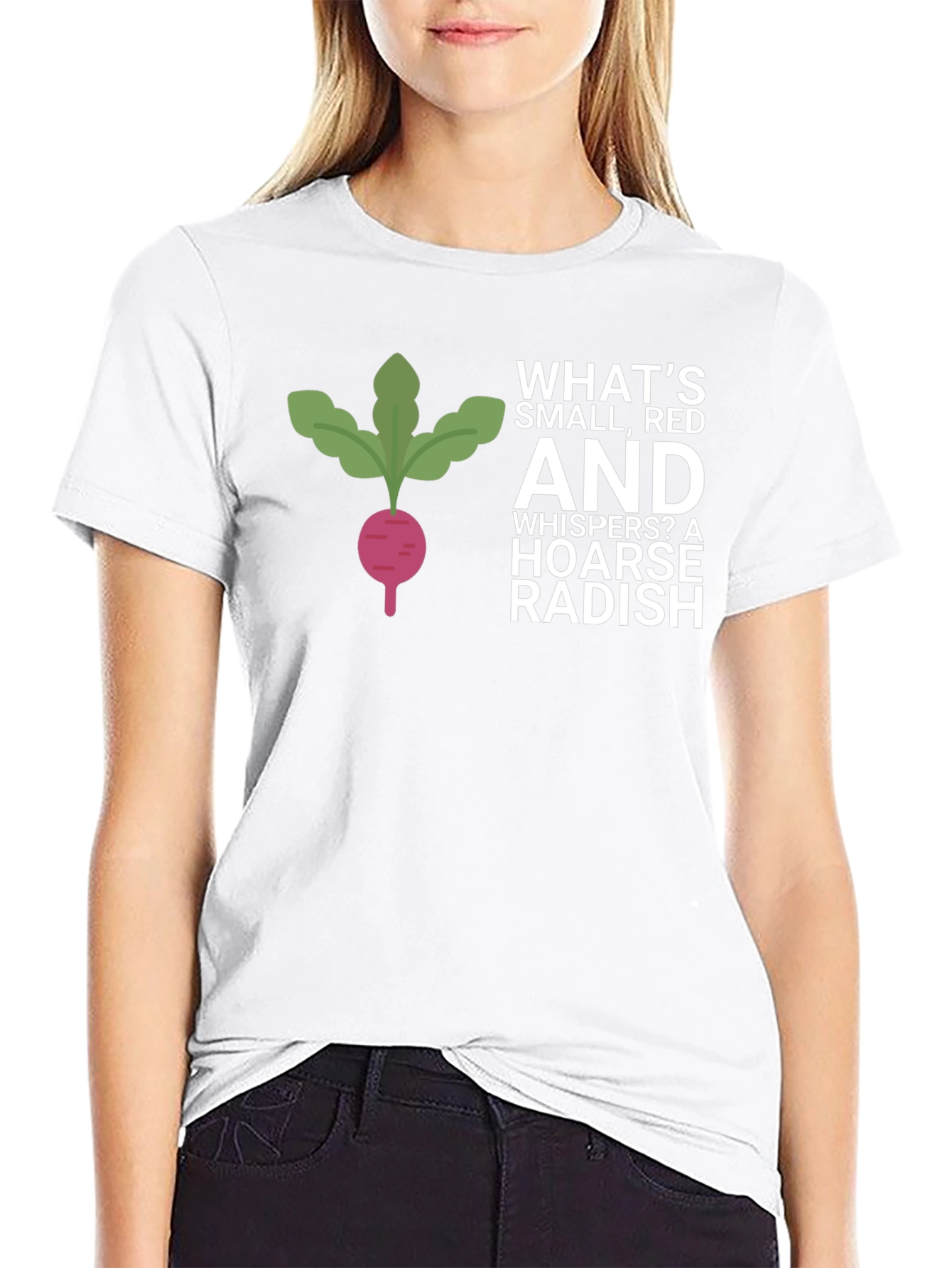 Funny Radish T-Shirt - Whats Small Red and Whispers?