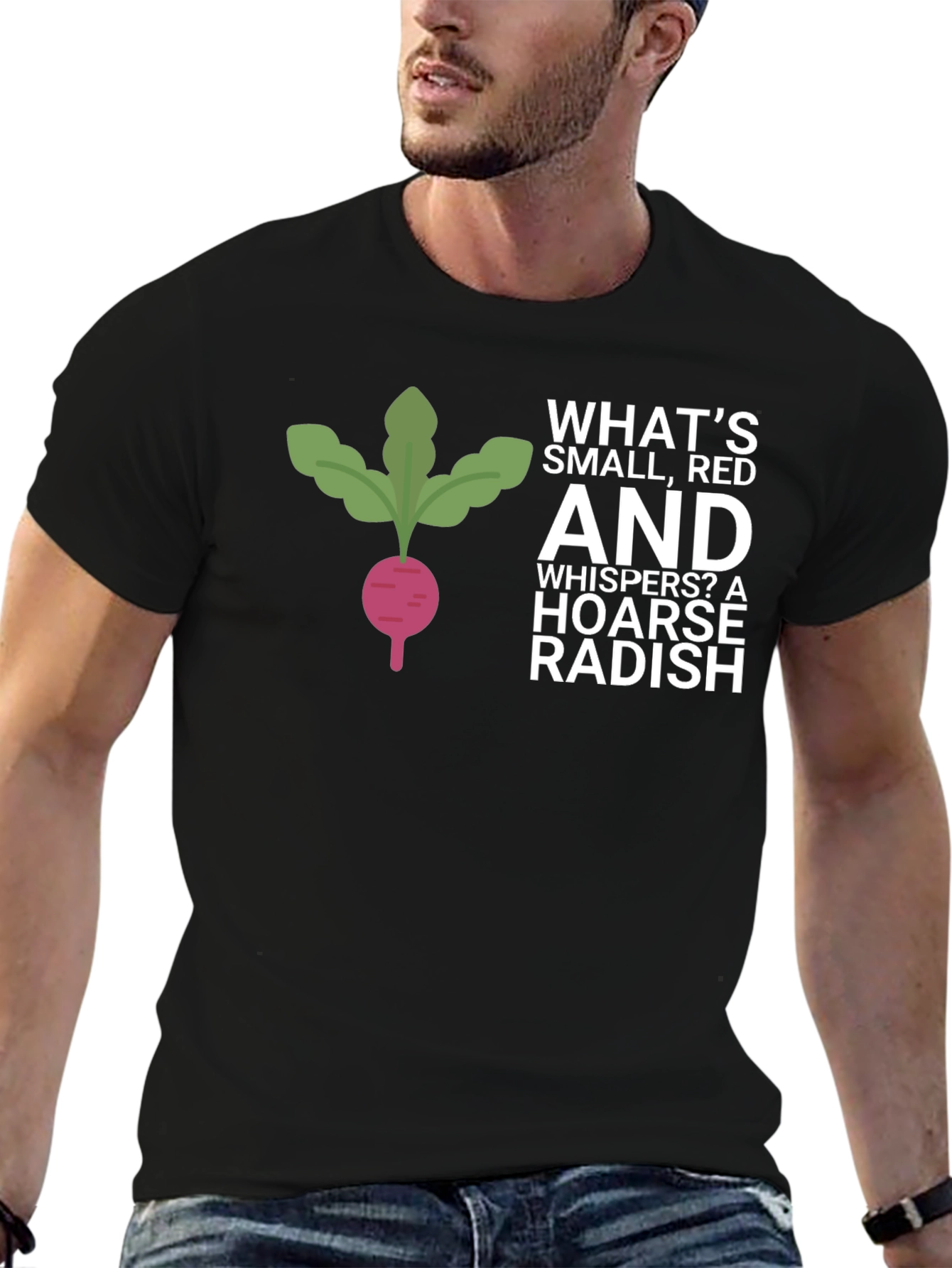 Funny Radish T-Shirt - Whats Small Red and Whispers?