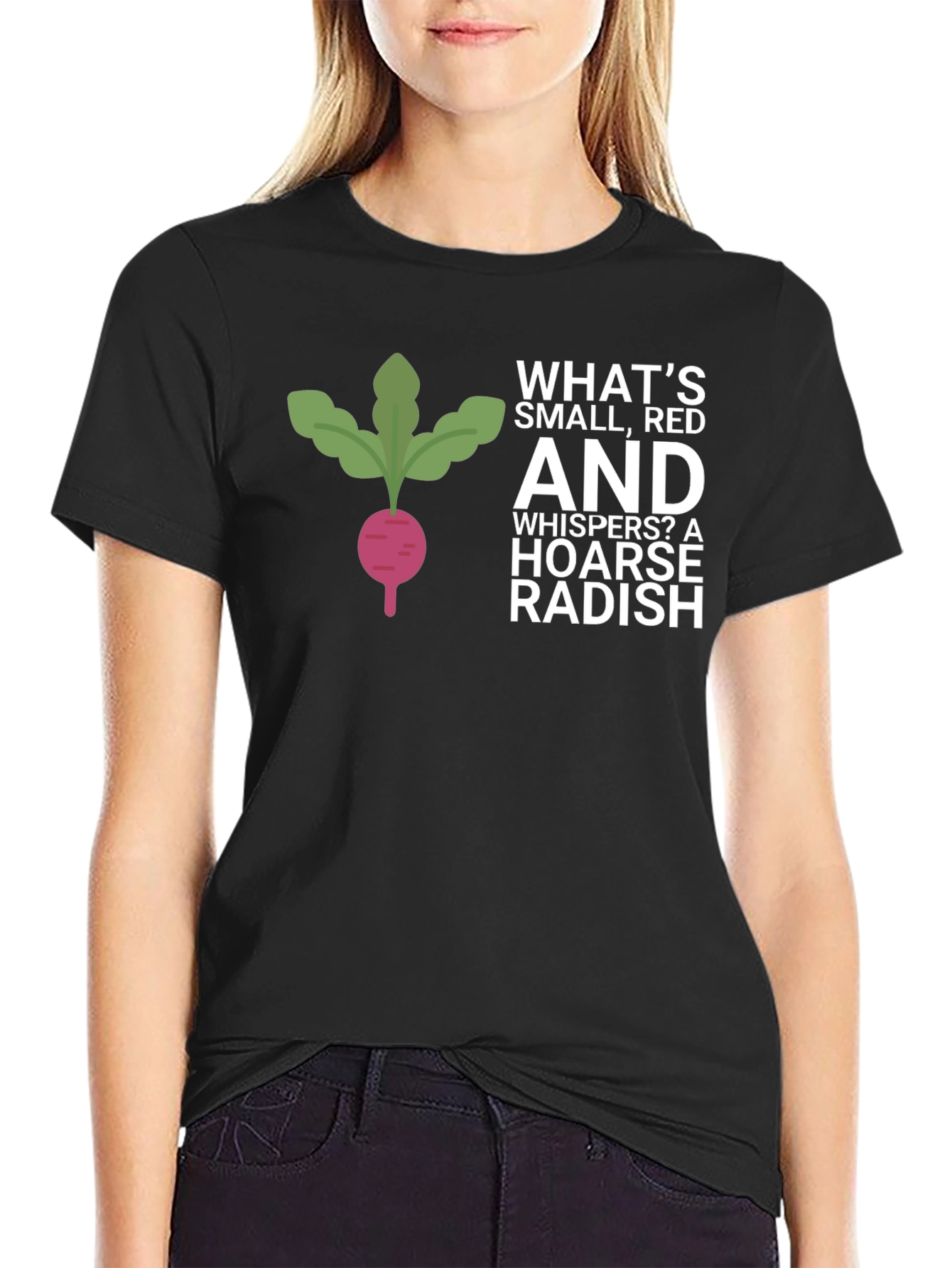 Funny Radish T-Shirt - Whats Small Red and Whispers?