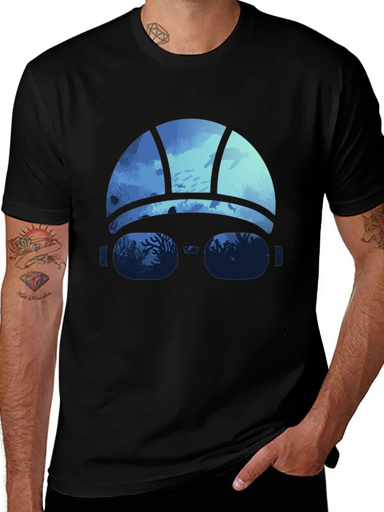 Ocean Scene Swim Cap T-Shirt - Black