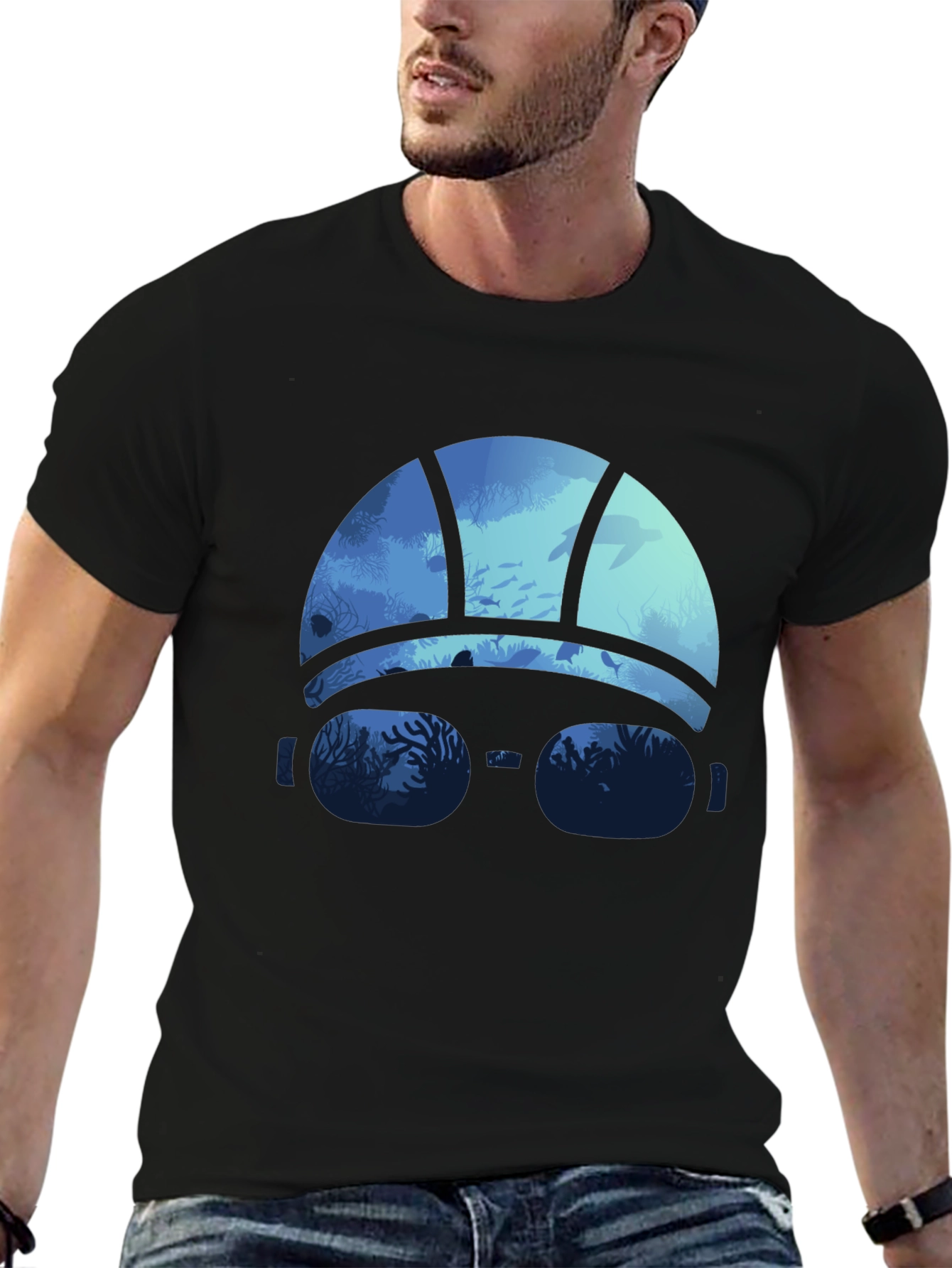 Ocean Scene Swim Cap T-Shirt - Black