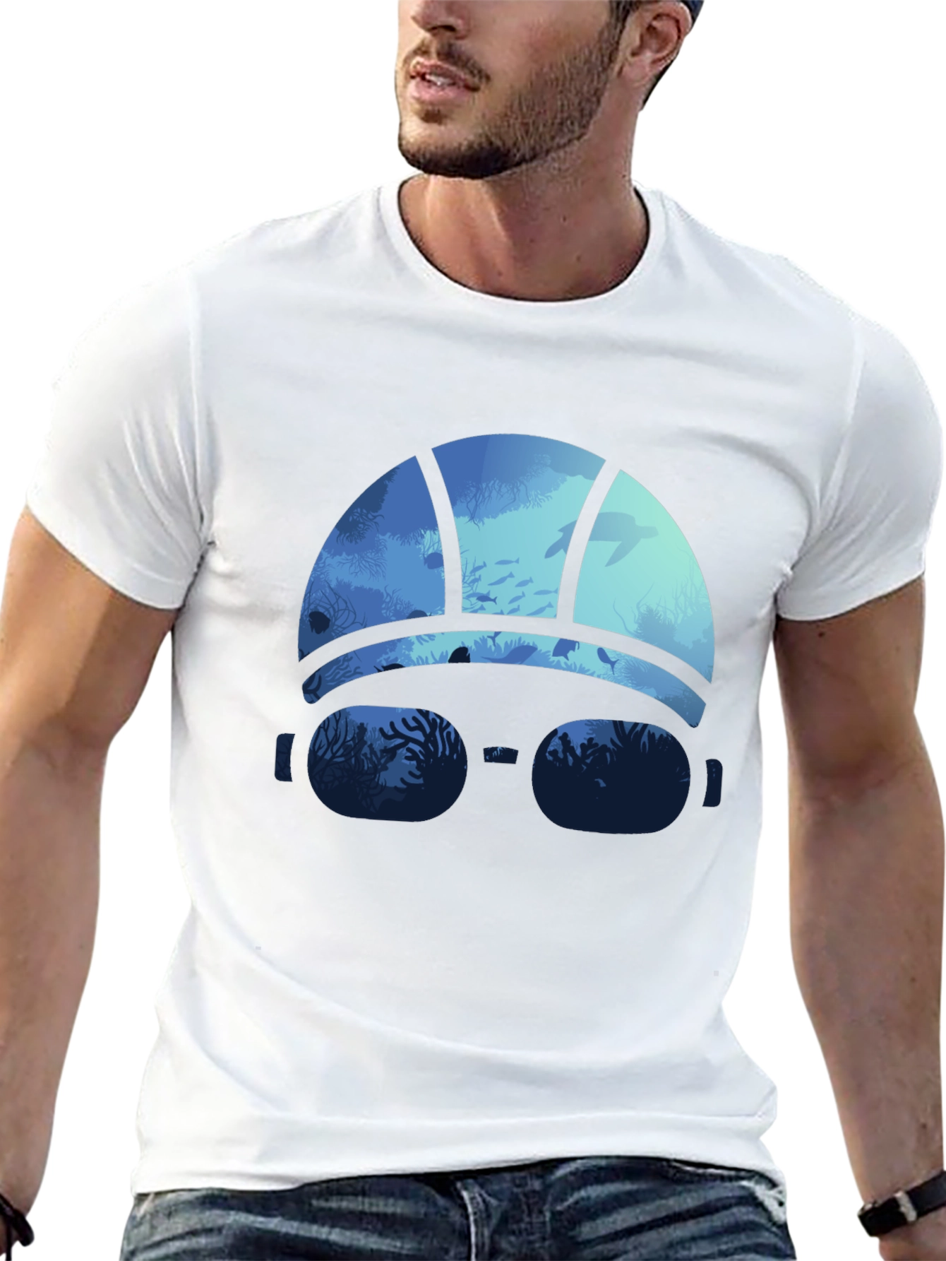 Ocean Scene Swim Cap T-Shirt - Black