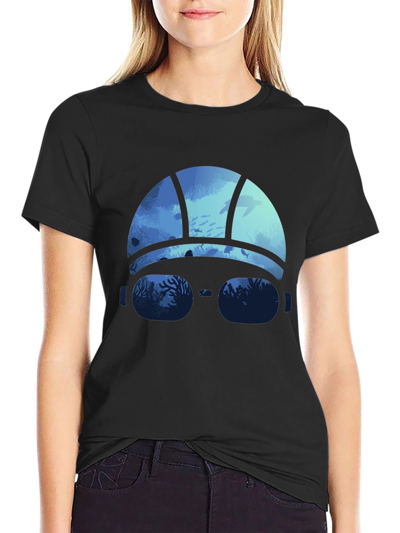 Ocean Scene Swim Cap T-Shirt - Black