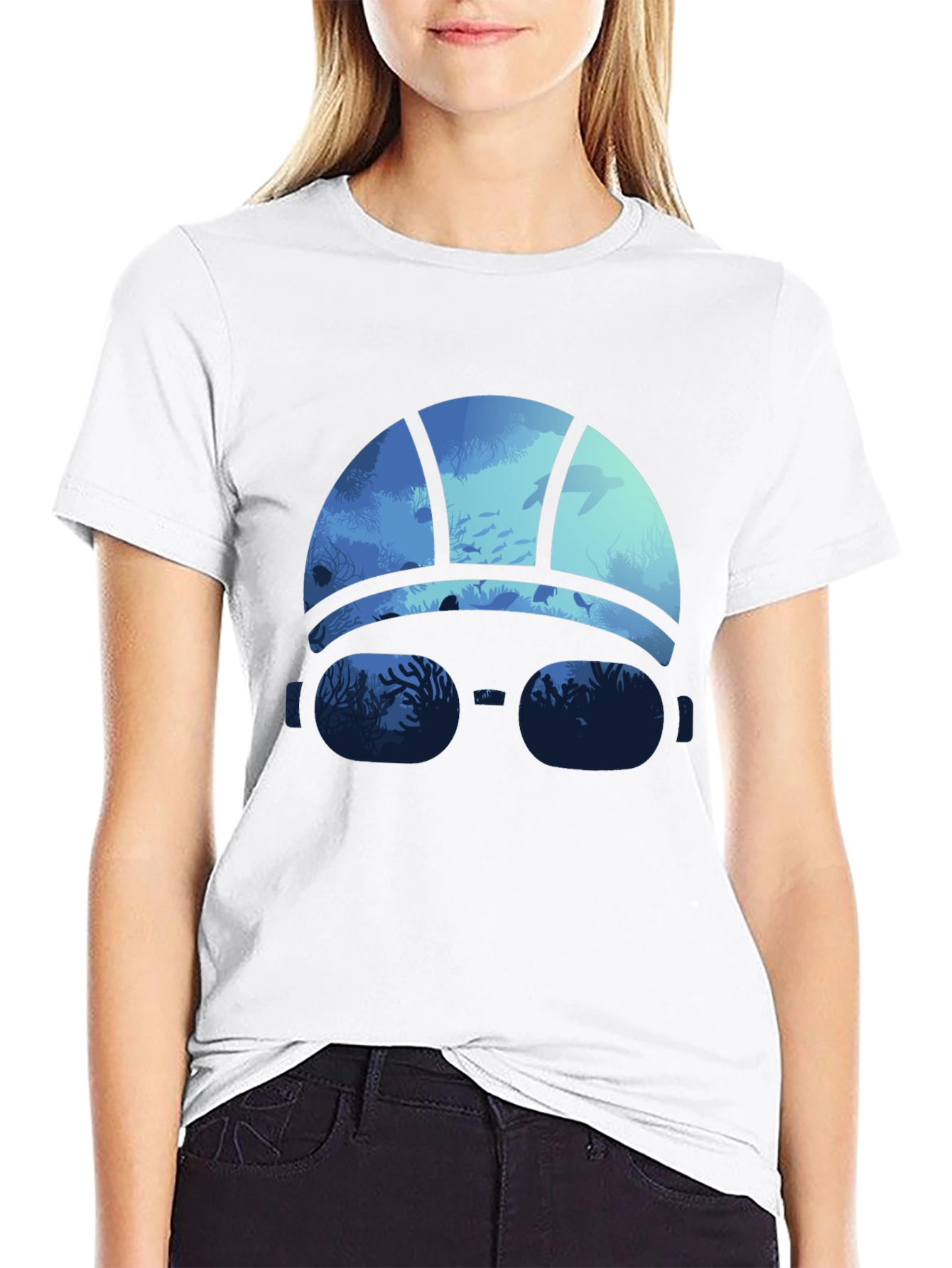 Ocean Scene Swim Cap T-Shirt - Black