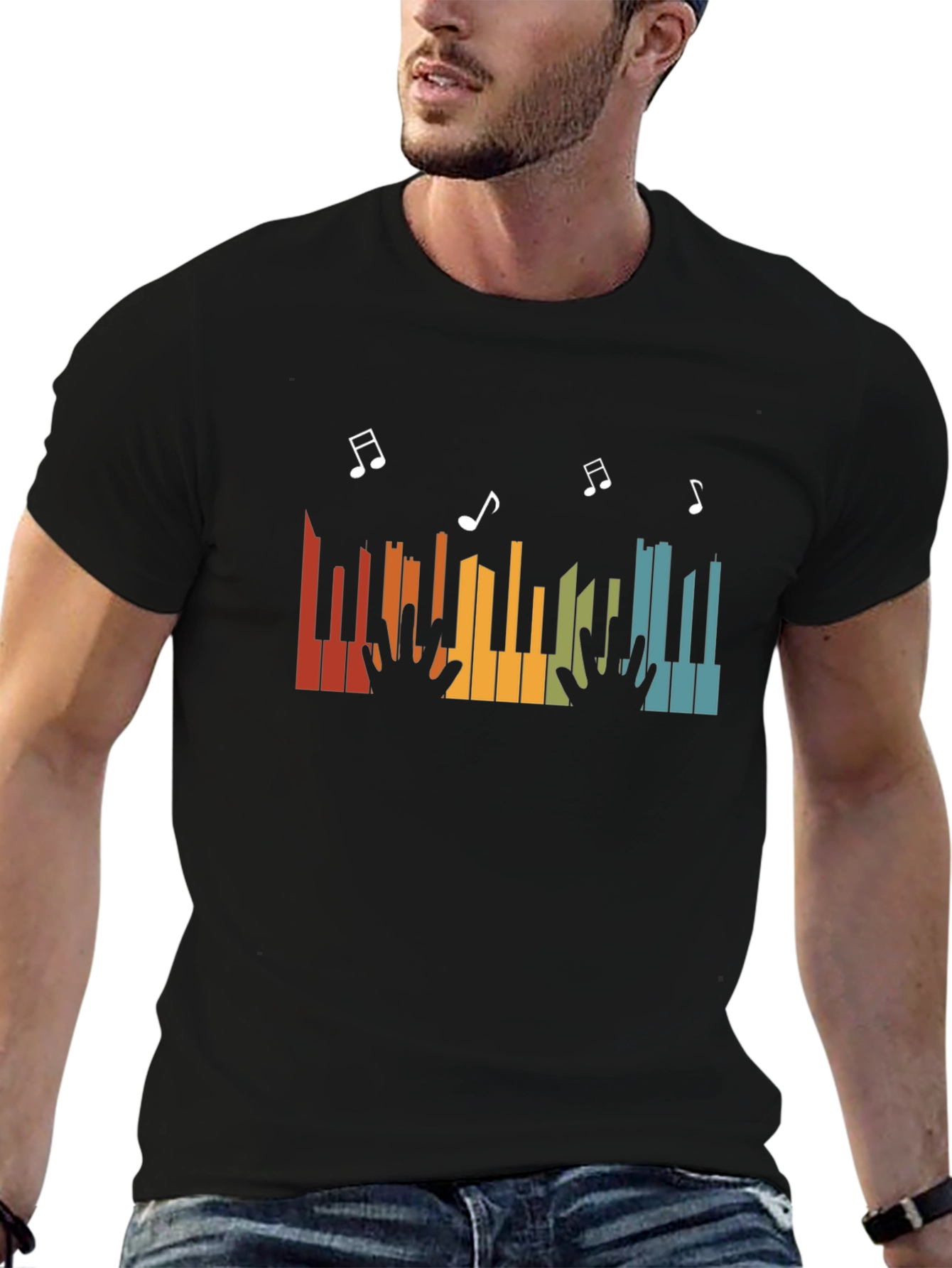 Retro Piano Music Notes Graphic T-Shirt - Black