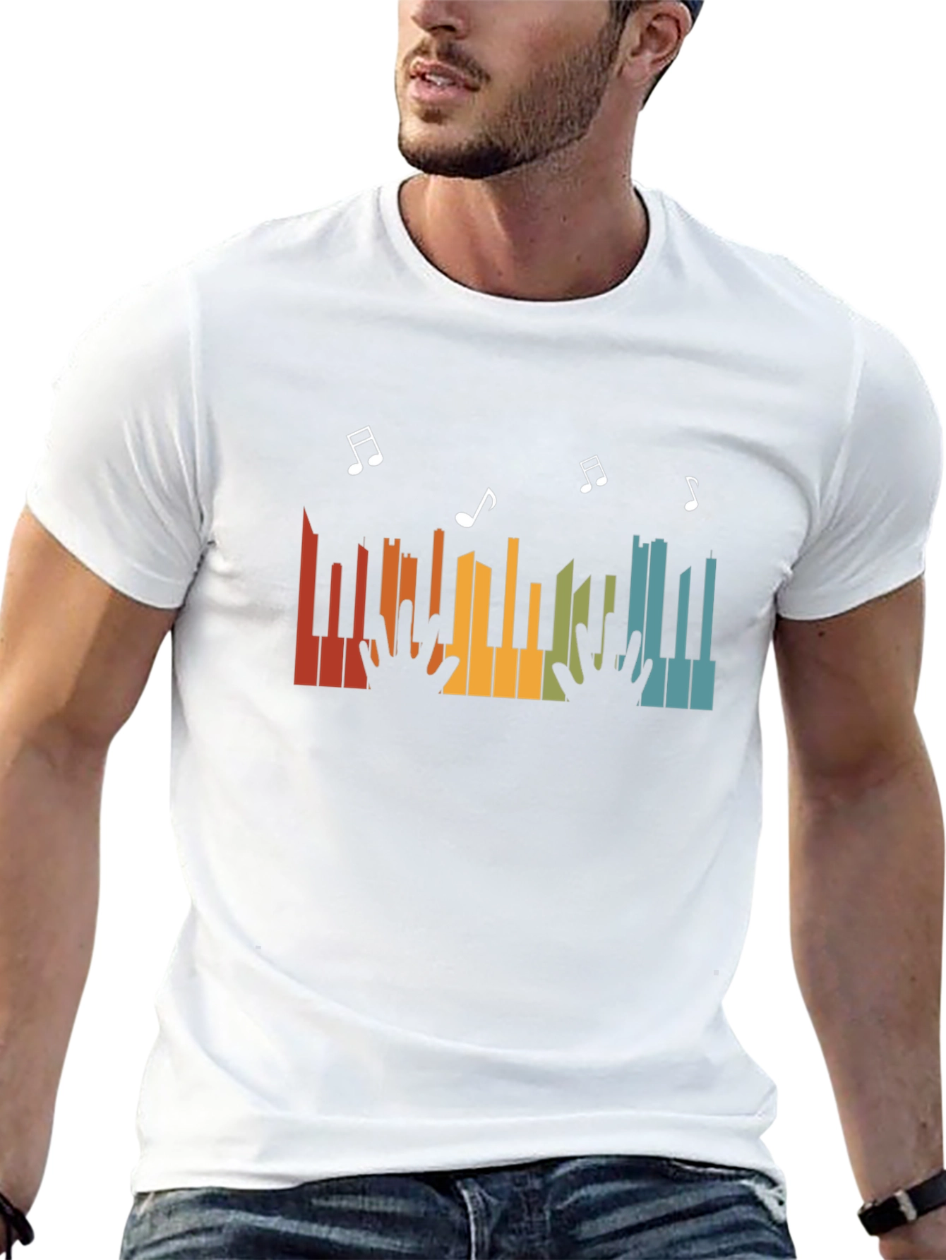 Retro Piano Music Notes Graphic T-Shirt - Black