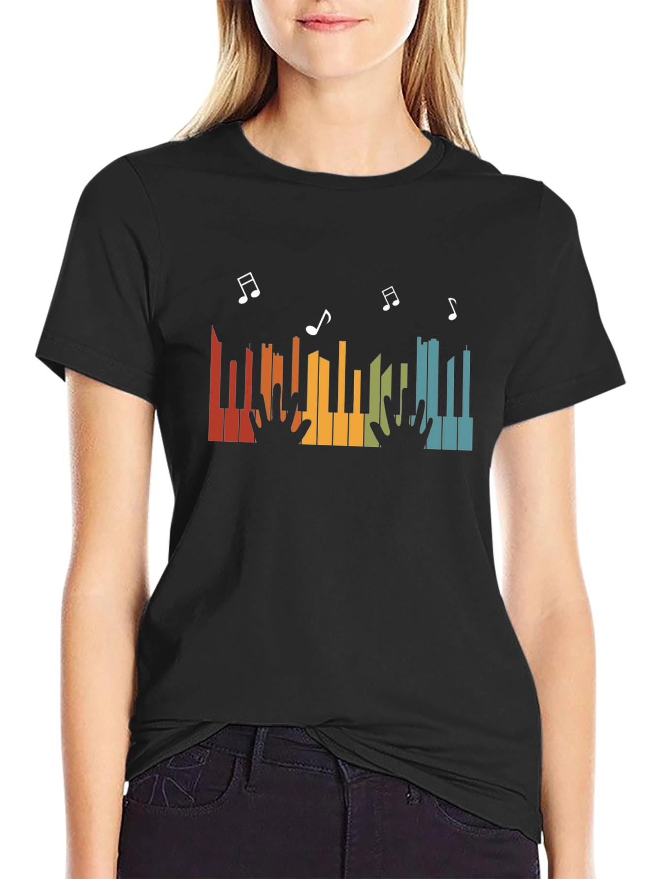 Retro Piano Music Notes Graphic T-Shirt - Black