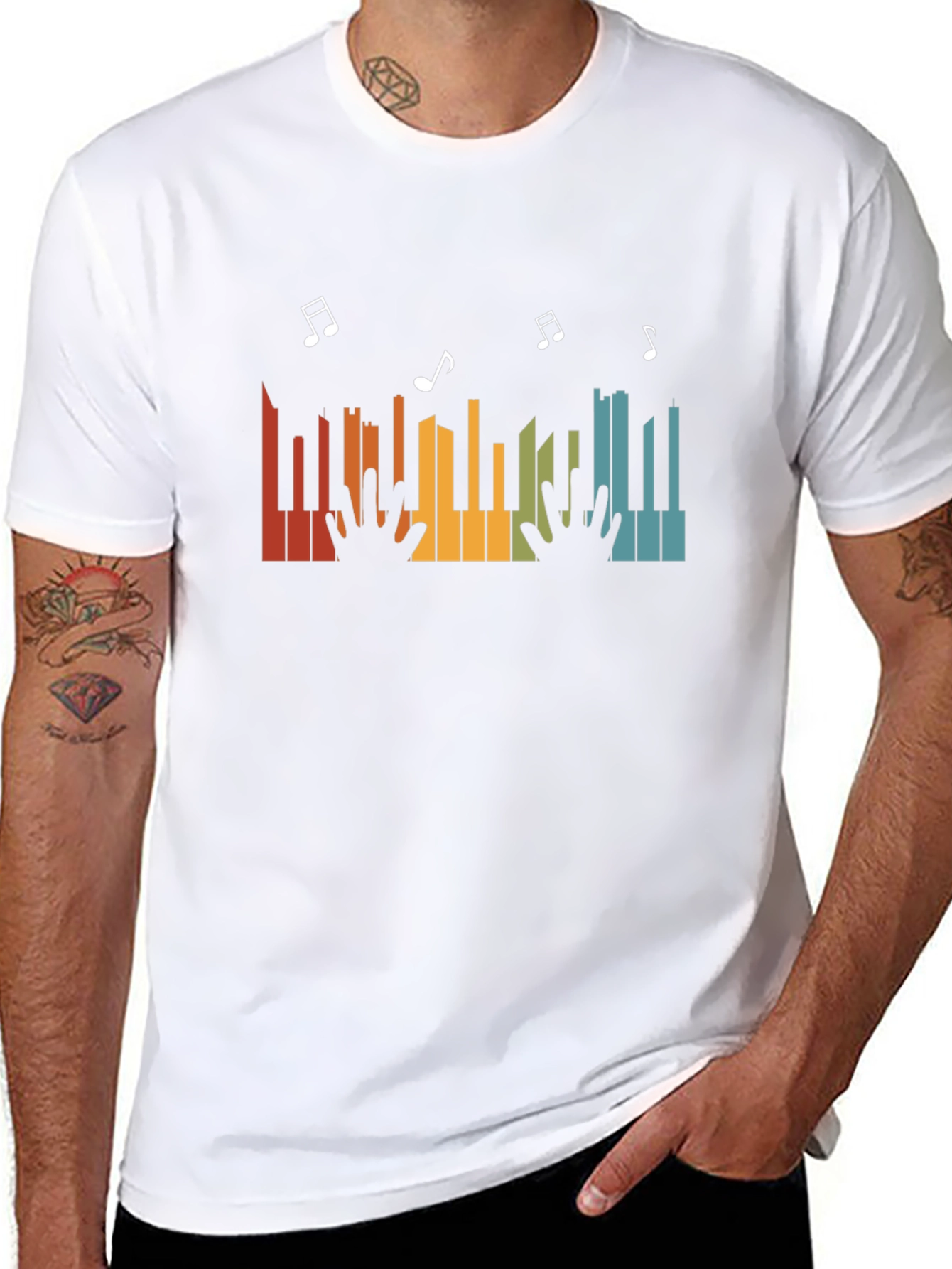 Retro Piano Music Notes Graphic T-Shirt - Black