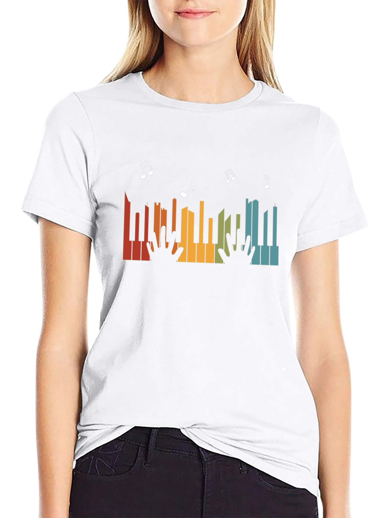 Retro Piano Music Notes Graphic T-Shirt - Black