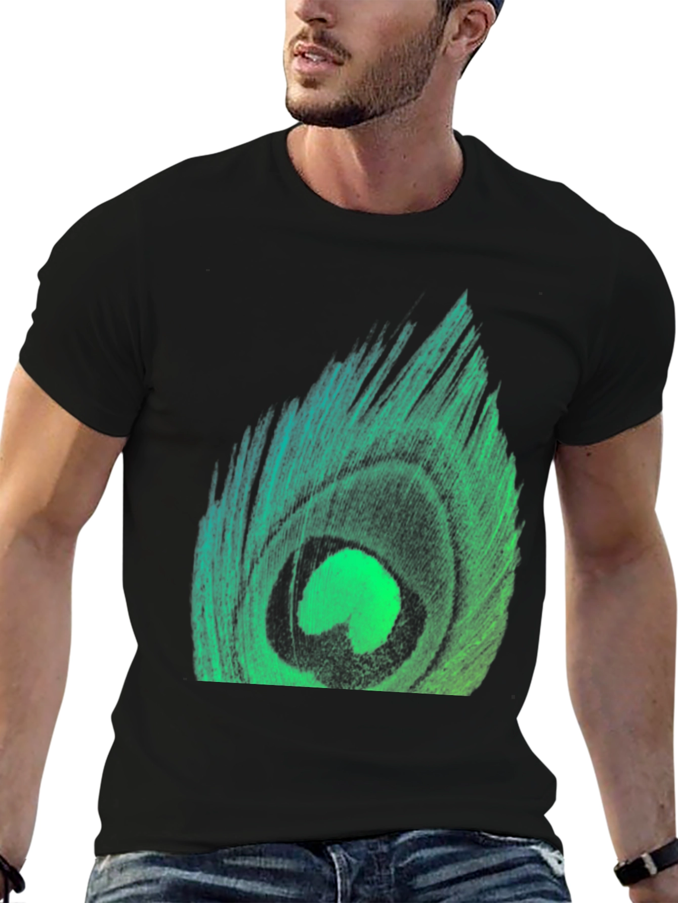 Peacock Feather Graphic Tee - Stylish Black T-Shirt