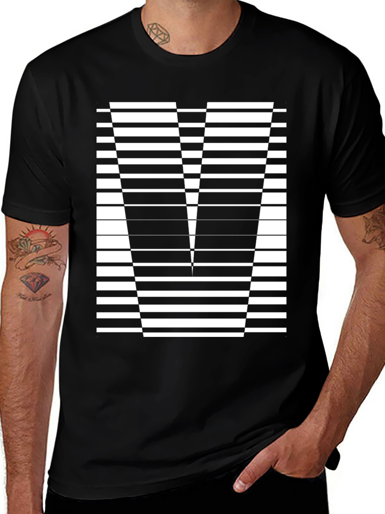 Abstract Striped V-Neck Black T-Shirt