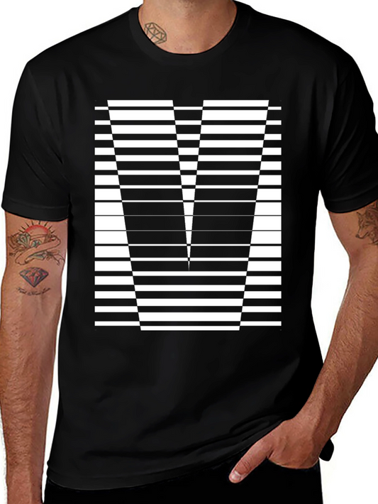 Abstract Striped V-Neck Black T-Shirt