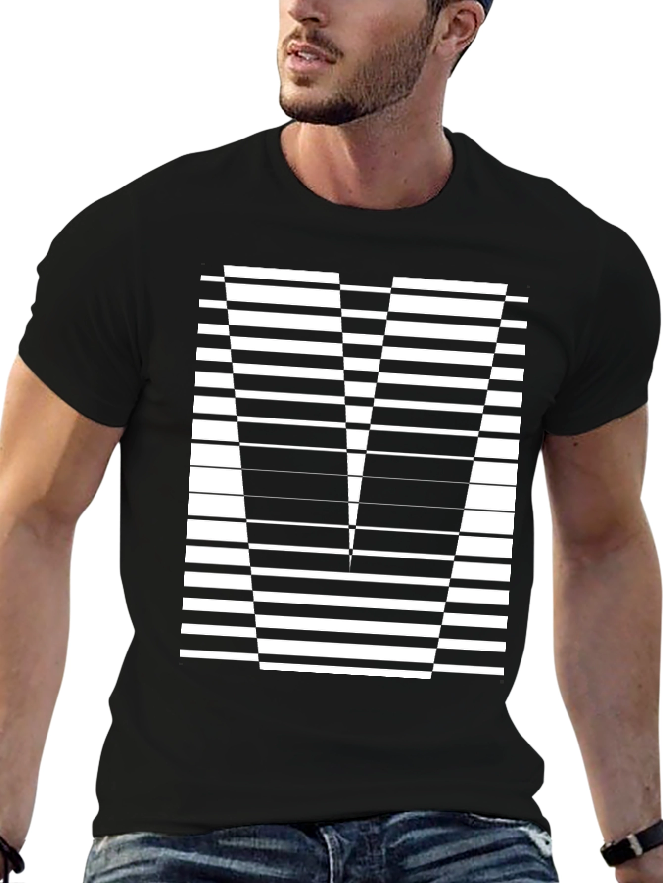 Abstract Striped V-Neck Black T-Shirt