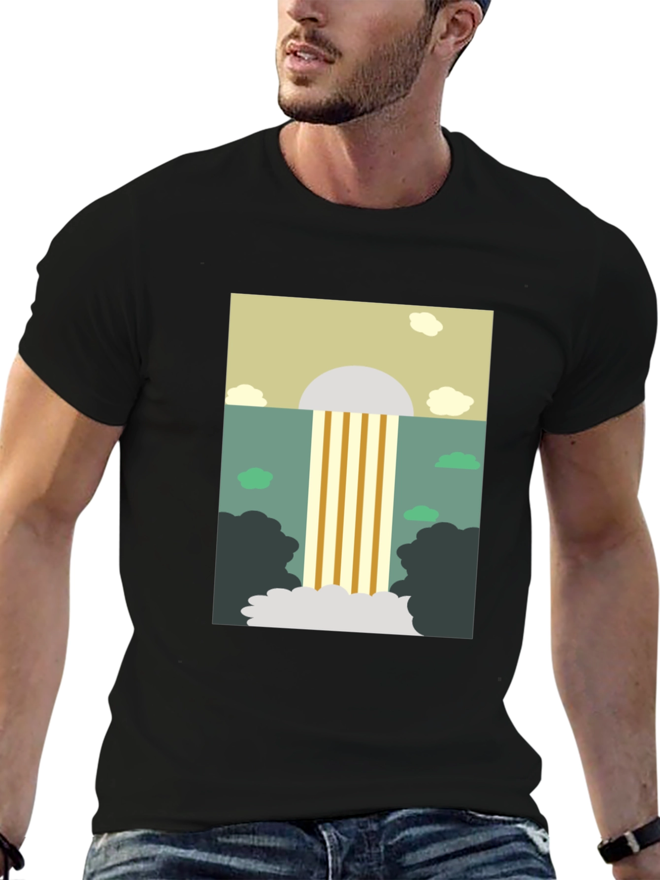Abstract Waterfall Graphic Tee - Stylish Mens Black T-Shirt