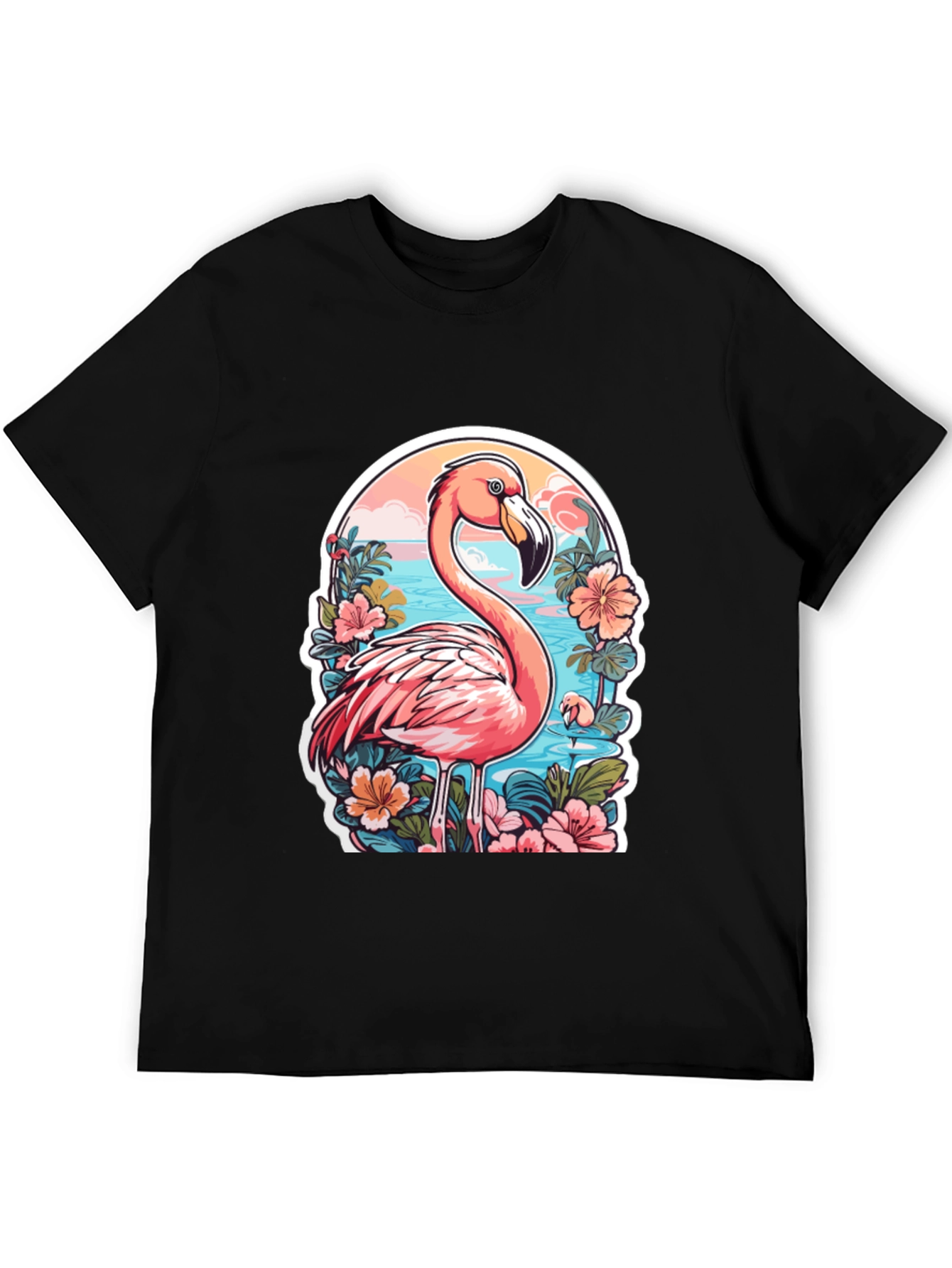 Tropical Flamingo T-Shirt - Black Cotton Blend Tee