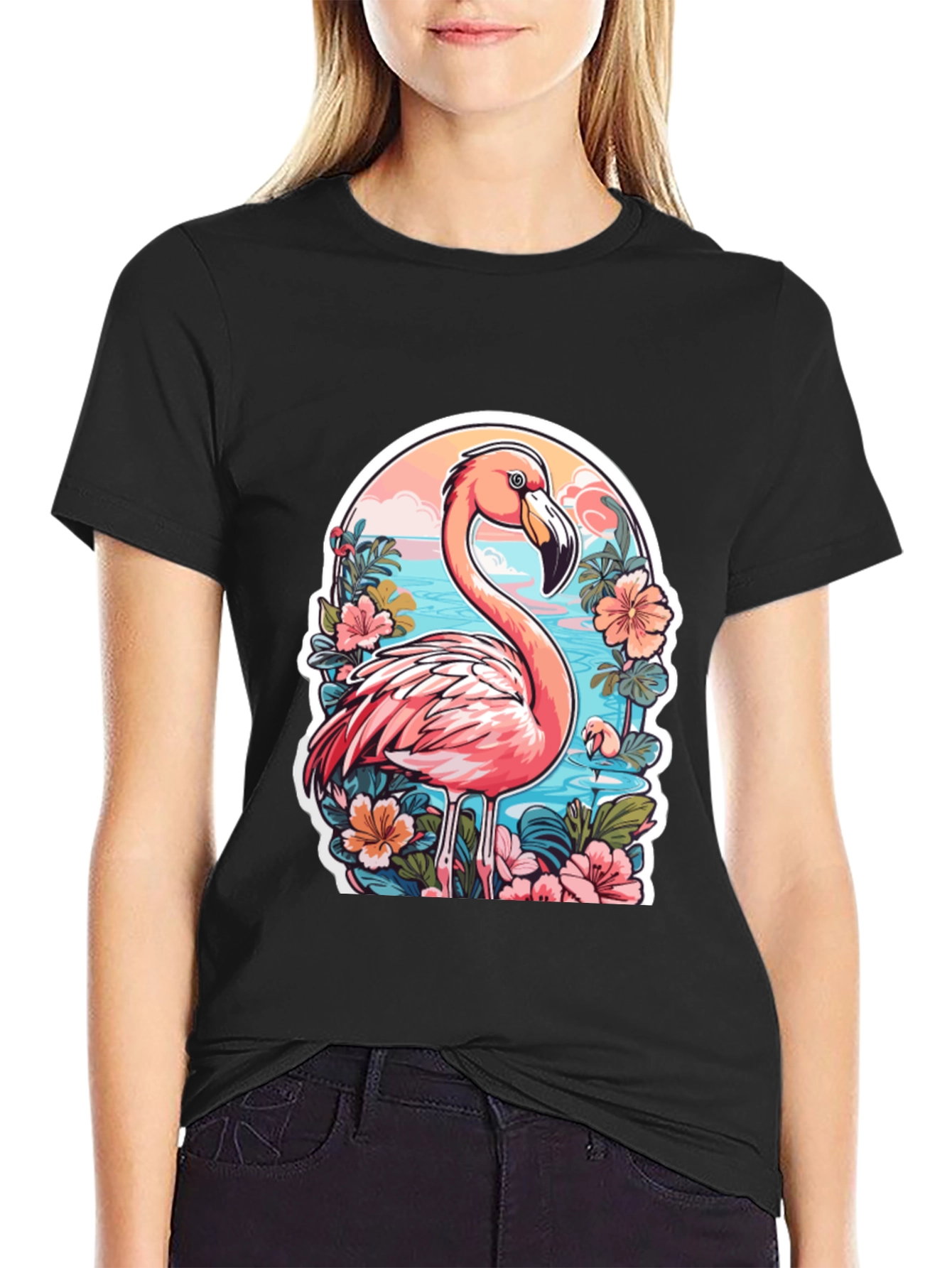 Tropical Flamingo T-Shirt - Black Cotton Blend Tee