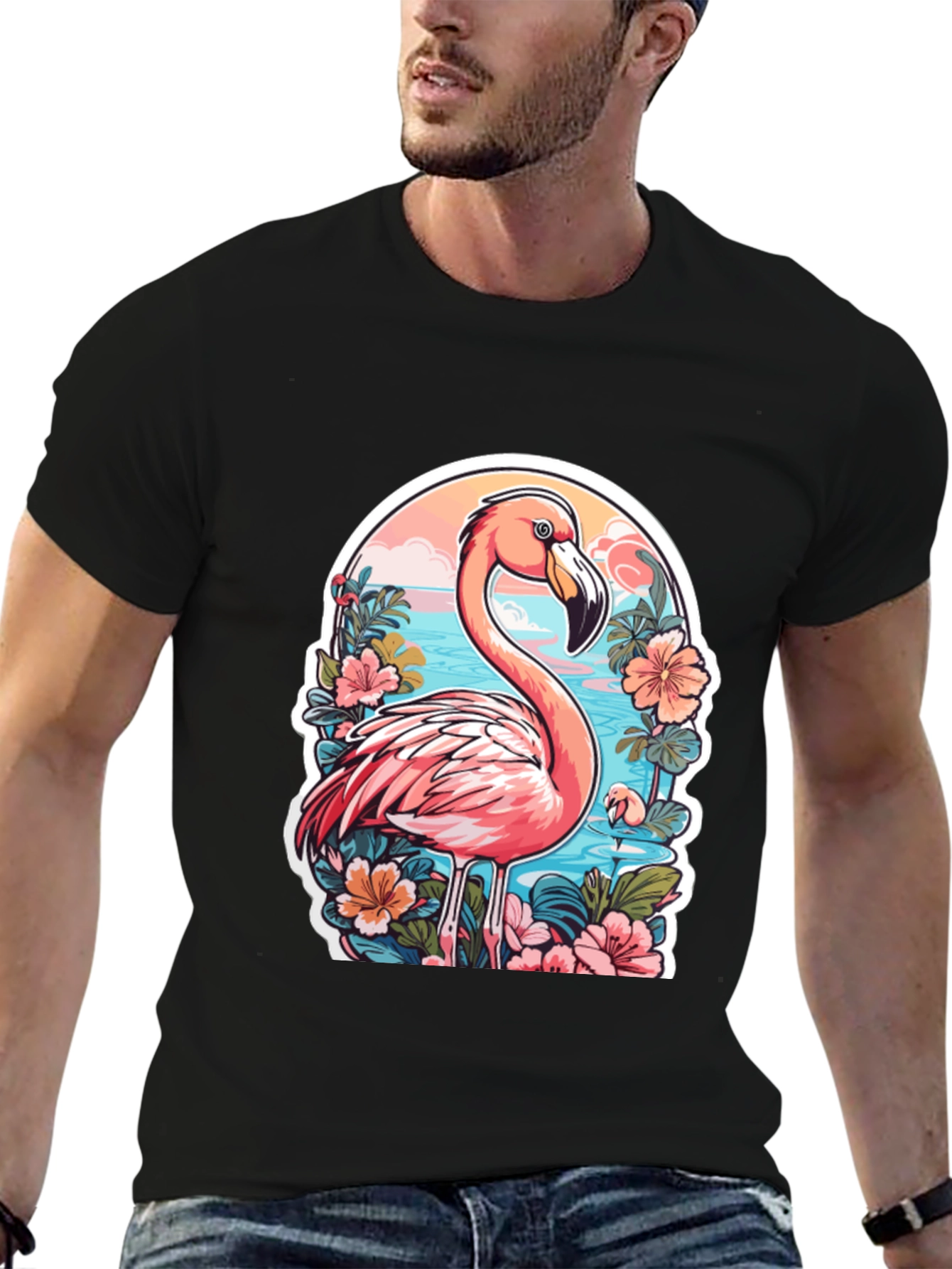 Tropical Flamingo T-Shirt - Black Cotton Blend Tee