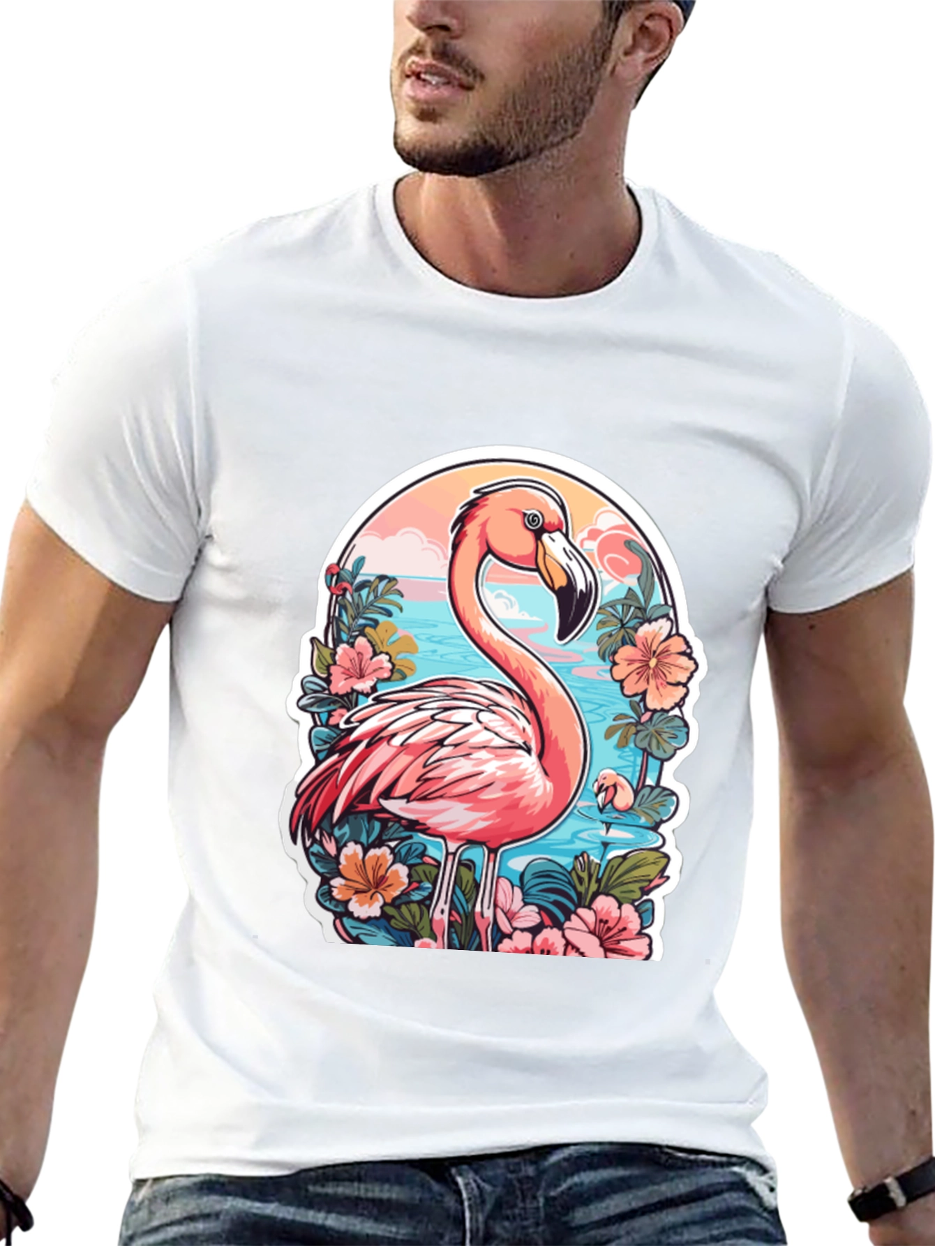 Tropical Flamingo T-Shirt - Black Cotton Blend Tee