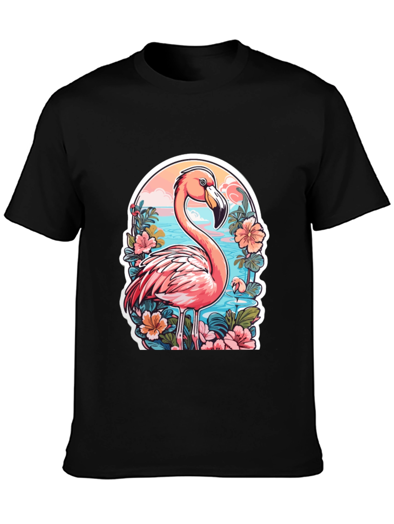 Tropical Flamingo T-Shirt - Black Cotton Blend Tee