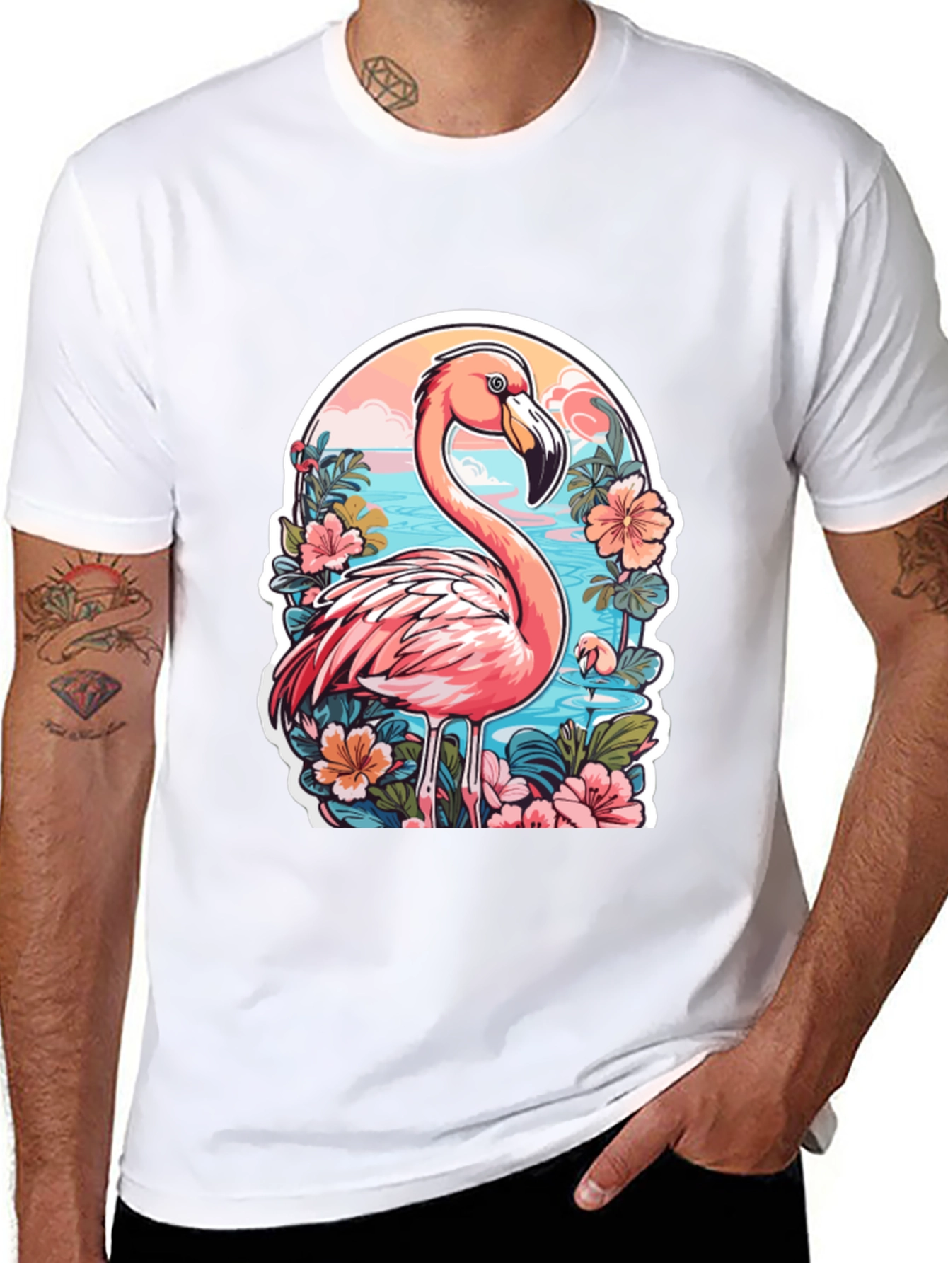 Tropical Flamingo T-Shirt - Black Cotton Blend Tee